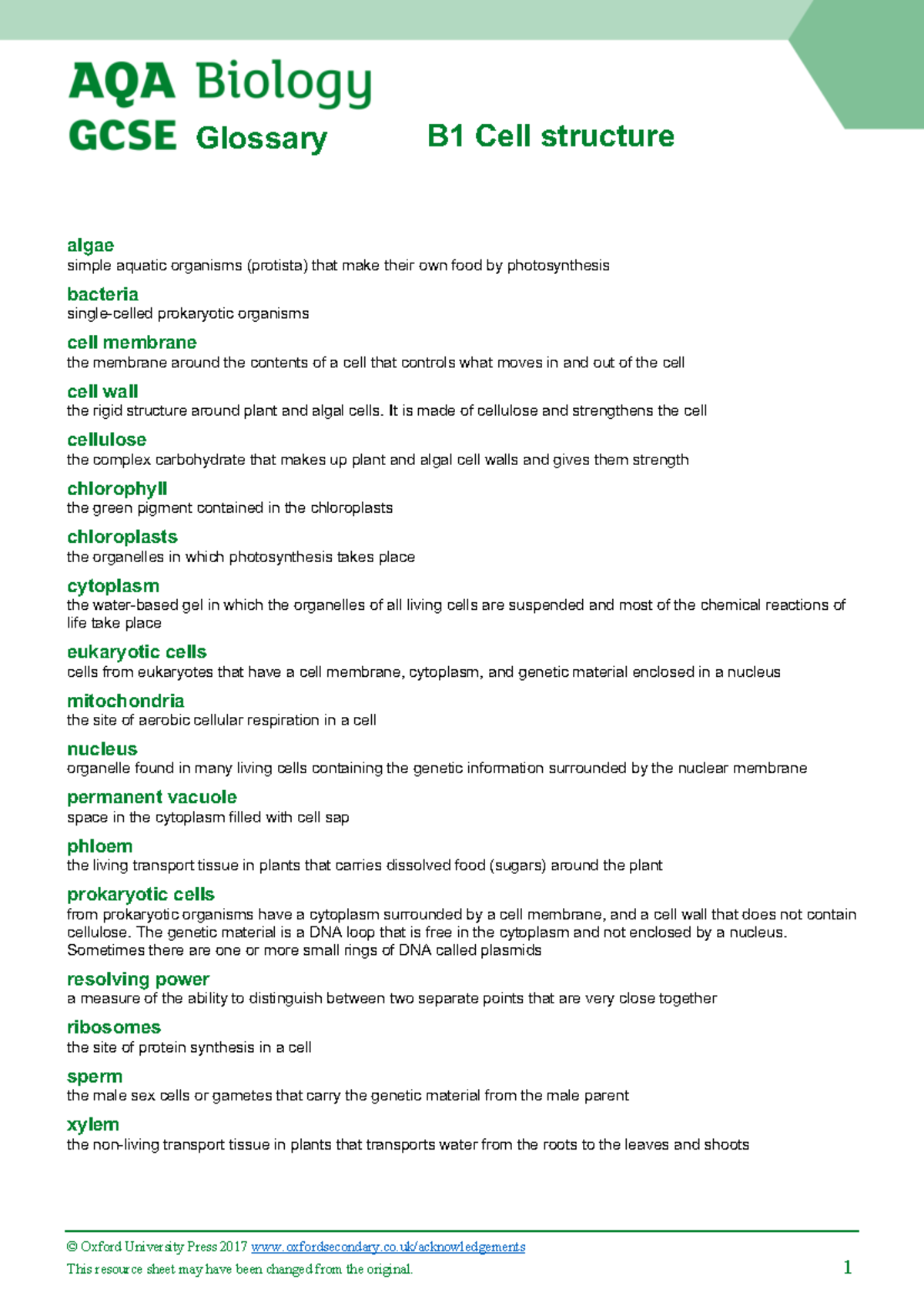 B1 Year 9 Glossary: Cell Structure & Aquatic Organisms - Studocu