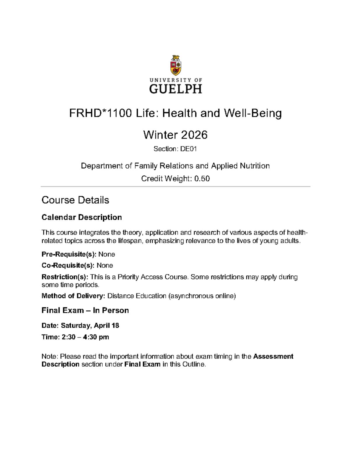 FRHD 1100: Health and Wellness Syllabus - Winter 2026 DE01 - Studocu