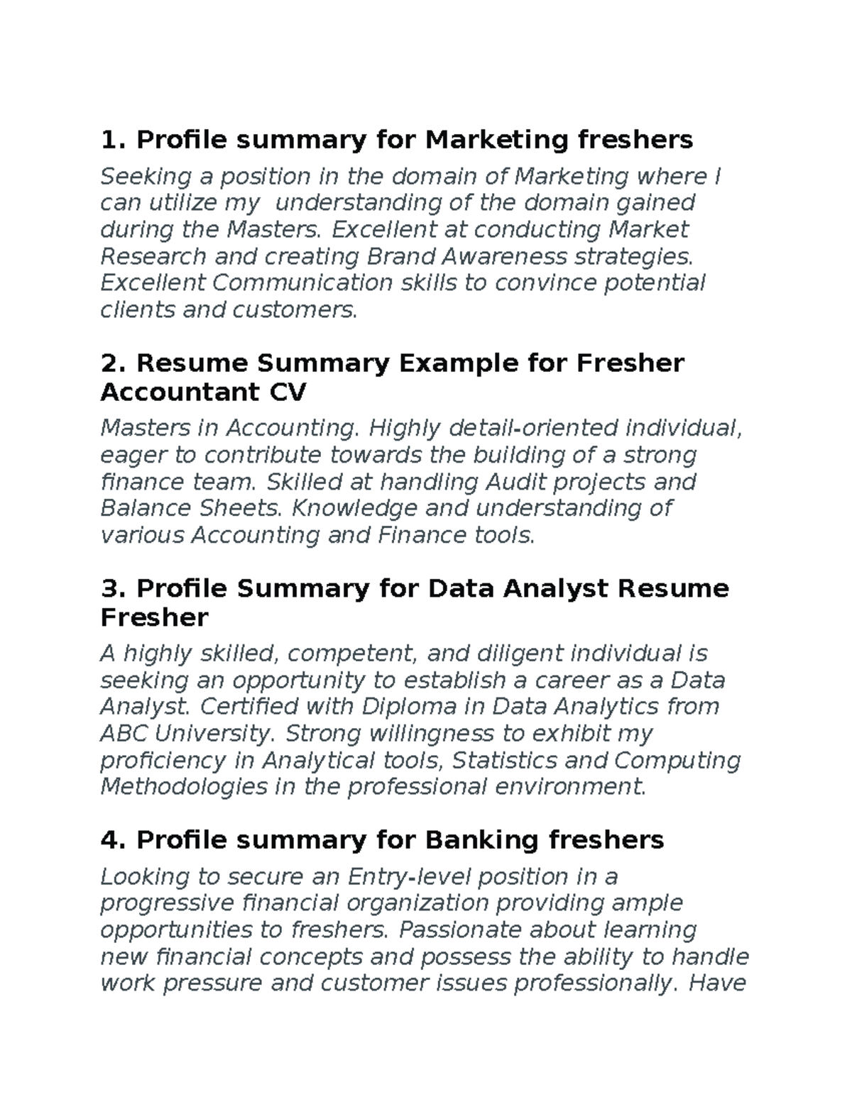 Profile Summaries for Freshers in Marketing, Accounting, Data, Banking ...