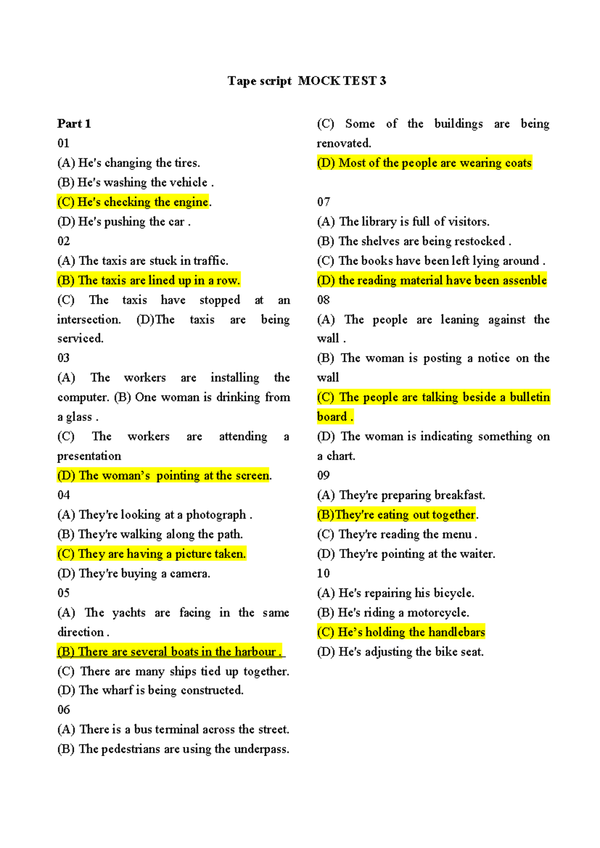 Key MOCK TEST 3 - ácdvw - Tape script MOCK TEST 3 Part 1 01 (A) He's ...
