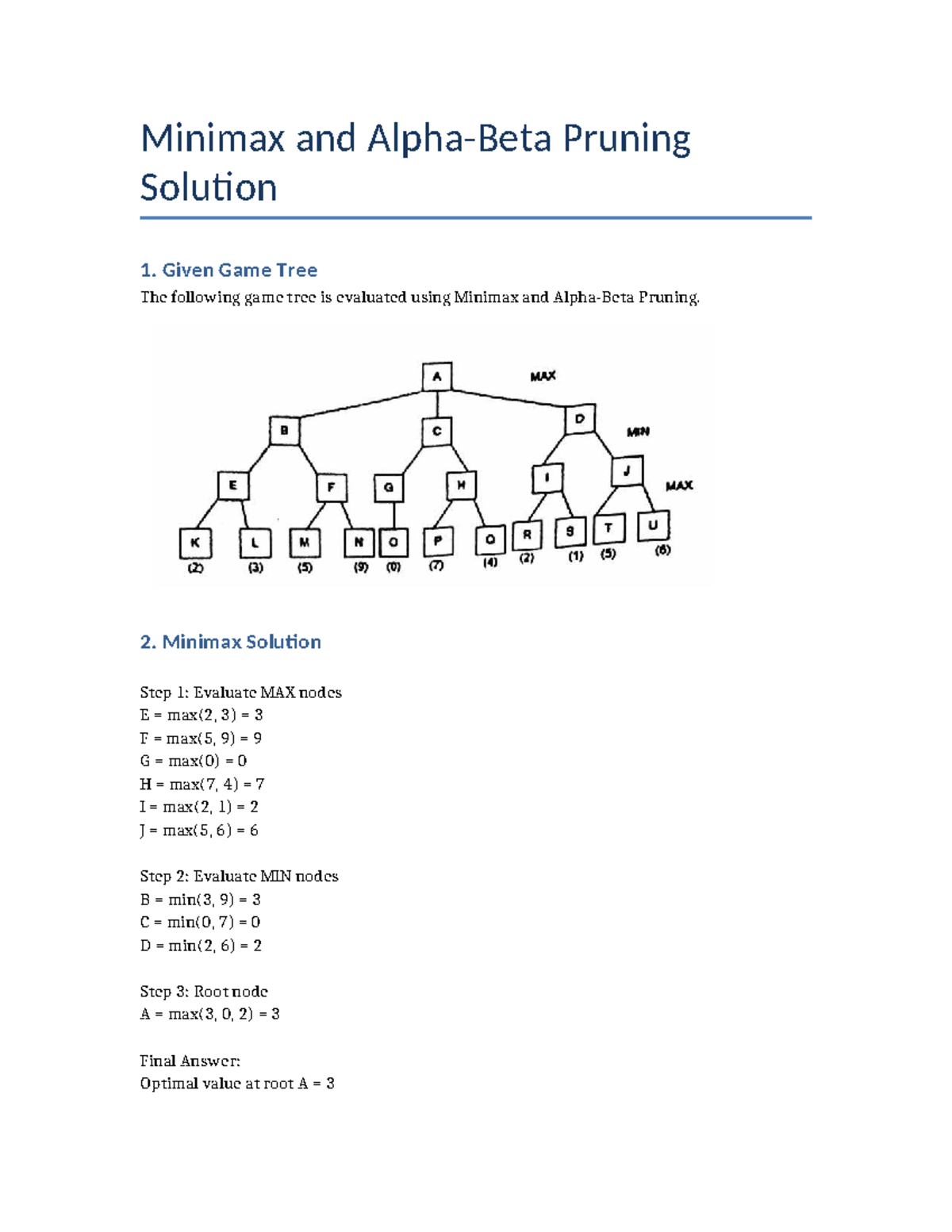 Minimax and Alpha-Beta Pruning Solution Analysis - Studocu
