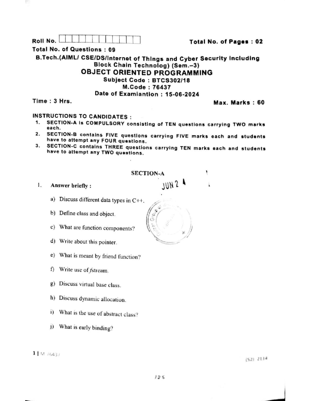 Object Oriented Programming Exam Paper - M.Code: 76437 - Studocu