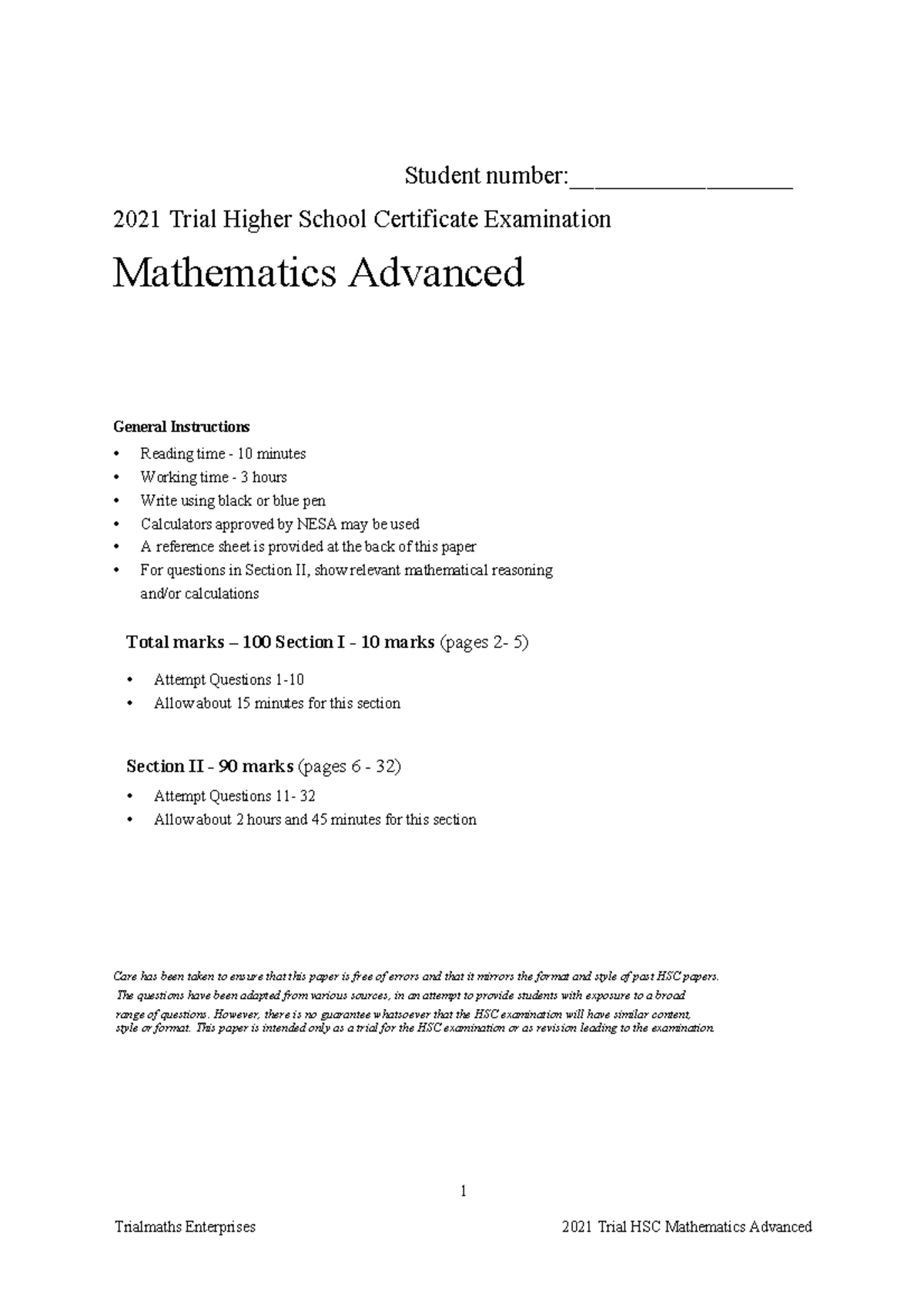 Trial HSC 2021 Mathematics Advanced - 2 Unit Exam Questions - Studocu