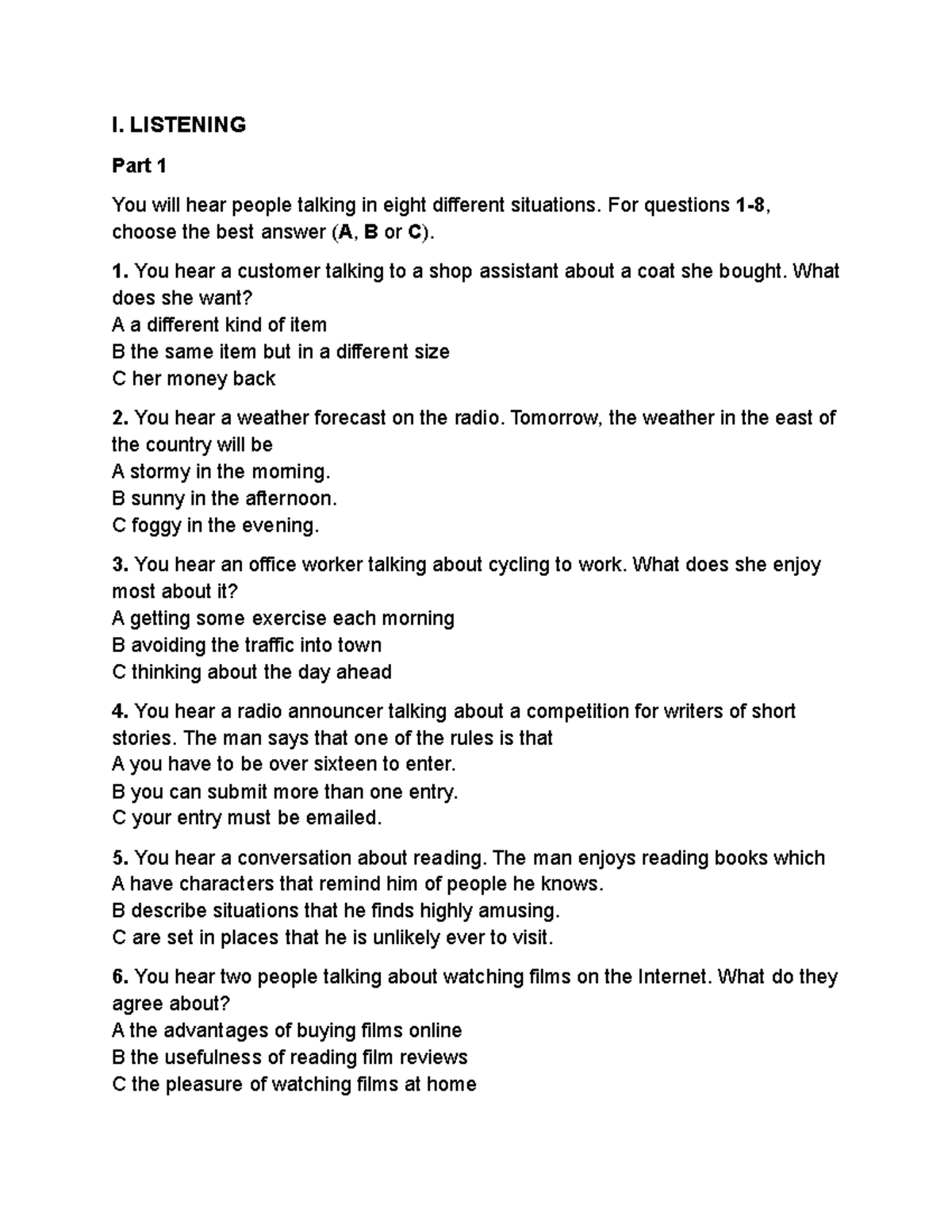 TEST 1 - Listening and Reading Comprehension Exercises - Studocu