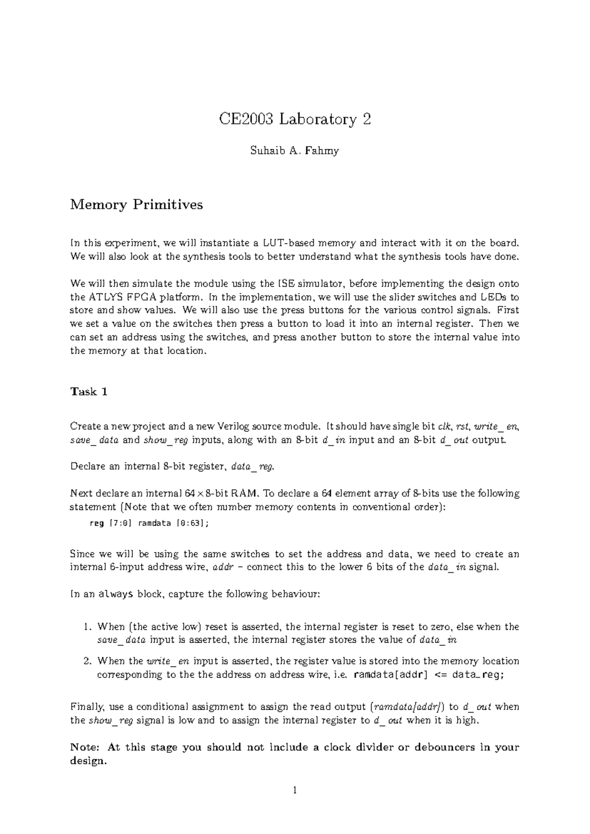 CE2003 Lab 2: Memory Primitives Experiment Guide - Studocu
