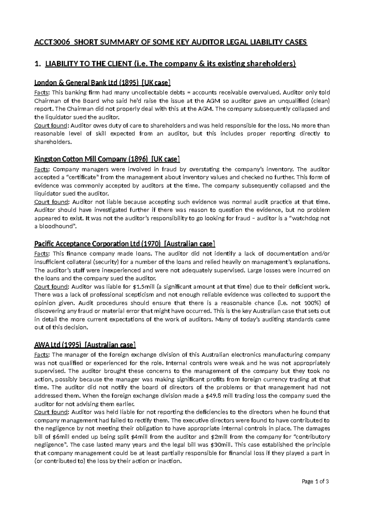 ACCT3006 KEY AUDITOR LEGAL LIABILITY CASES SUMMARY - Studocu