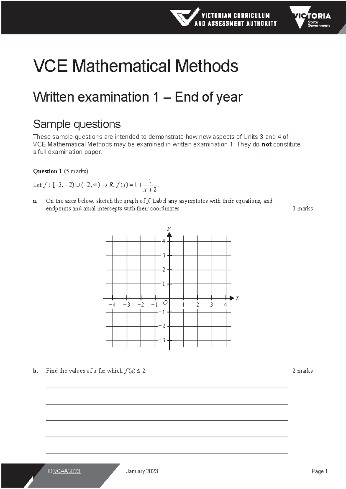 VCE Mathematical Methods Written Exam 1 - Sample Questions - Studocu