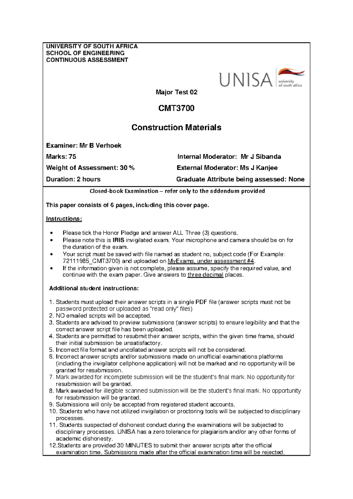 CMT3700 MT2 Exam Sem 2 2023 - Construction Materials Assessment - Studocu