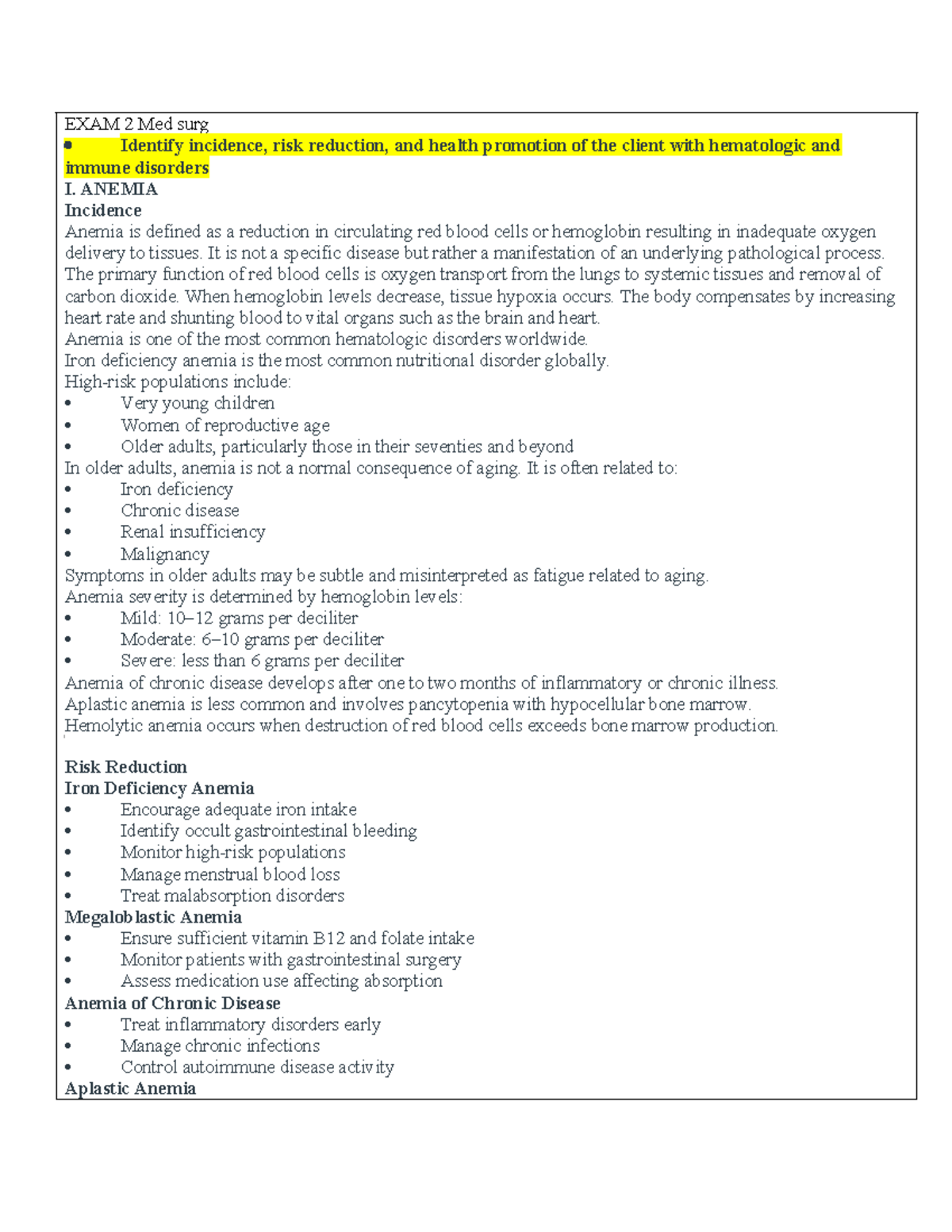 Med Surg Exam 2: Hematologic & Immune Disorders Overview - Studocu