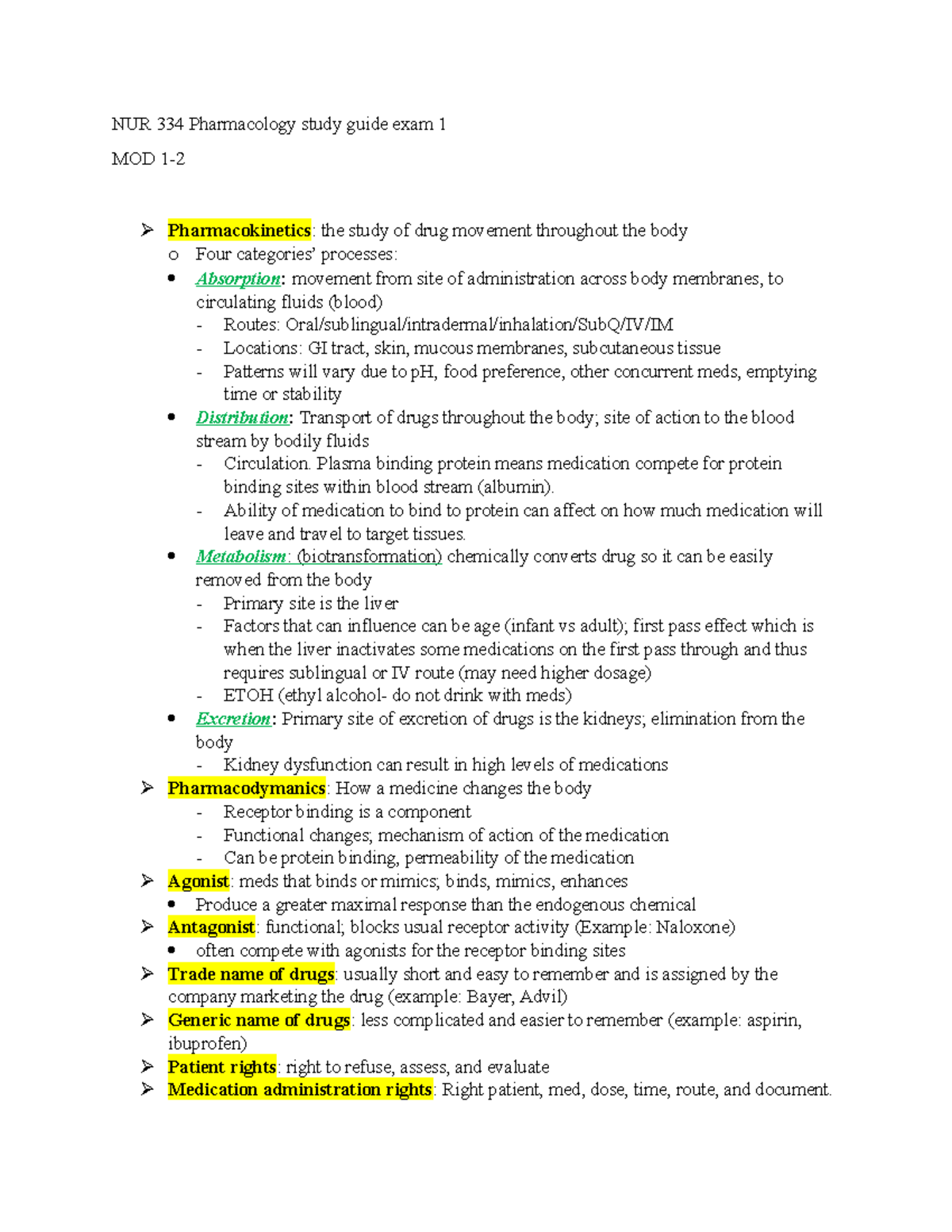 NUR 334 Pharmacology Study Guide for Exam 1: Key Concepts Review - Studocu