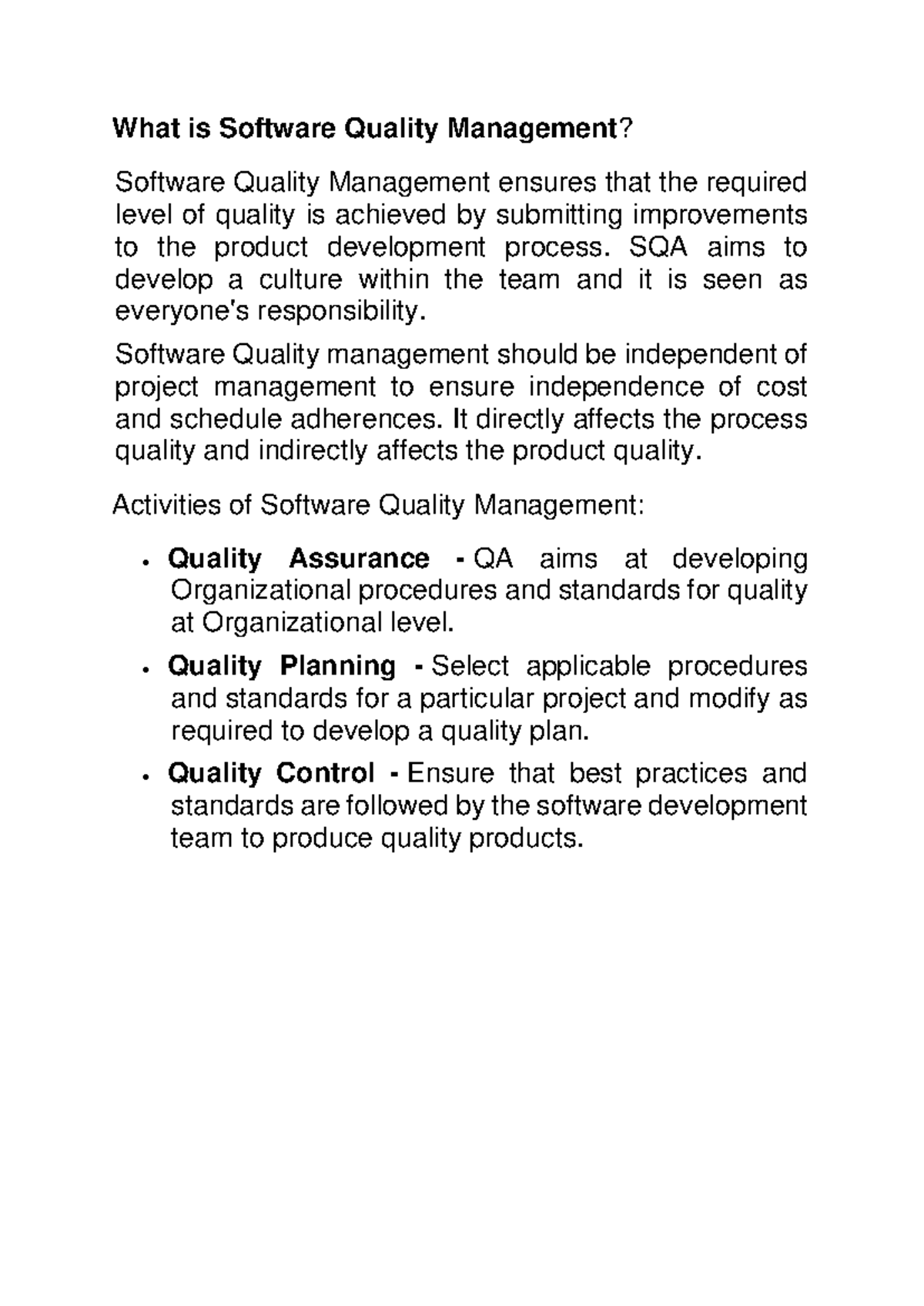 Software Quality Management: Key Concepts and Activities Overview - Studocu