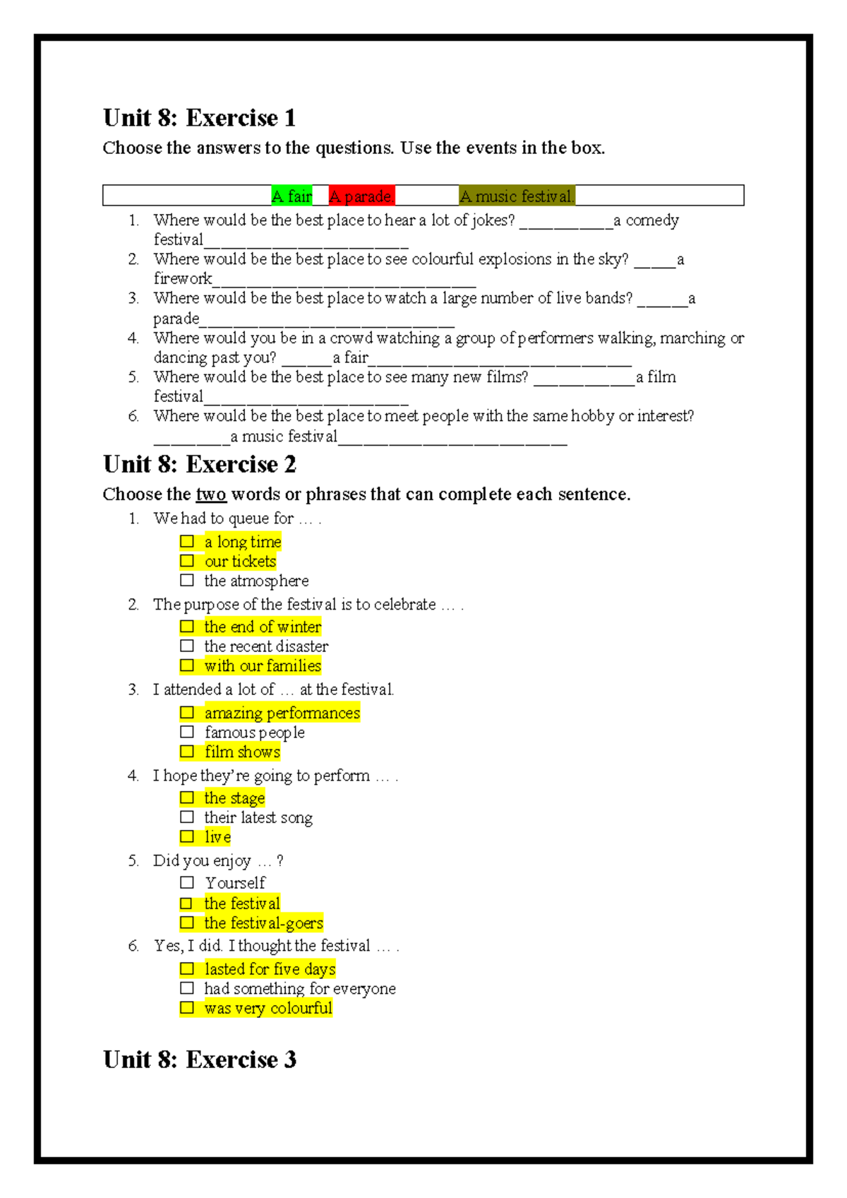Unit 8: Grammar & Vocabulary Exercises for Festival Planning - Studocu