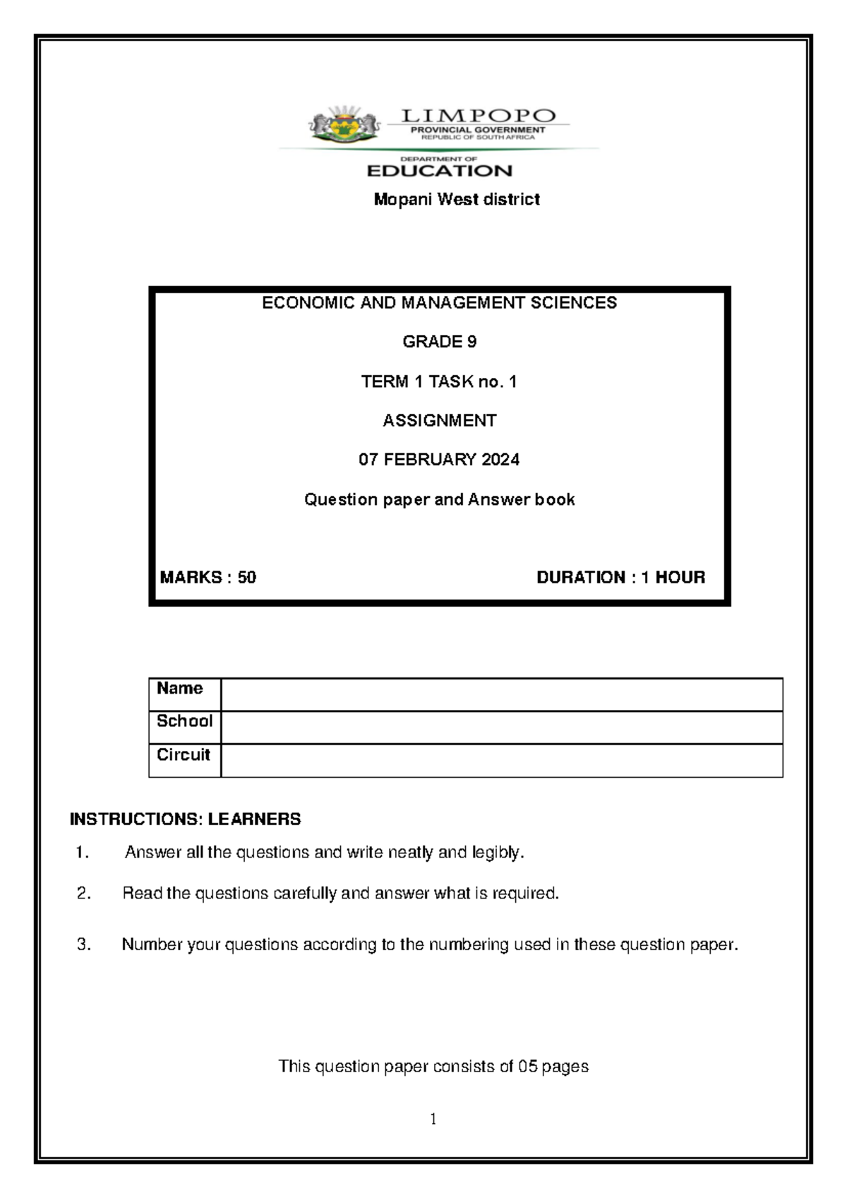 EMS GR 09 Assignment QP - Term 1 2024: Economic Systems and Economy ...