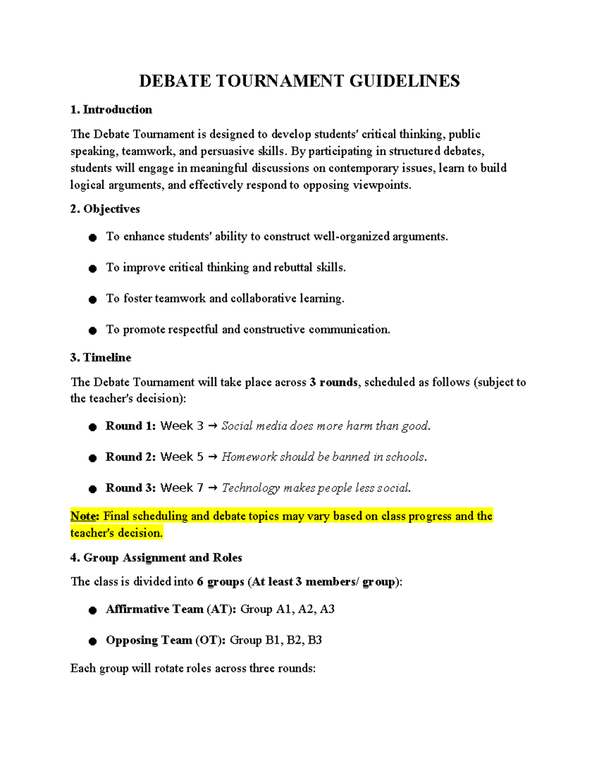DEBATE TOURNAMENT GUIDELINES: Structure, Roles, and Assessment Criteria ...