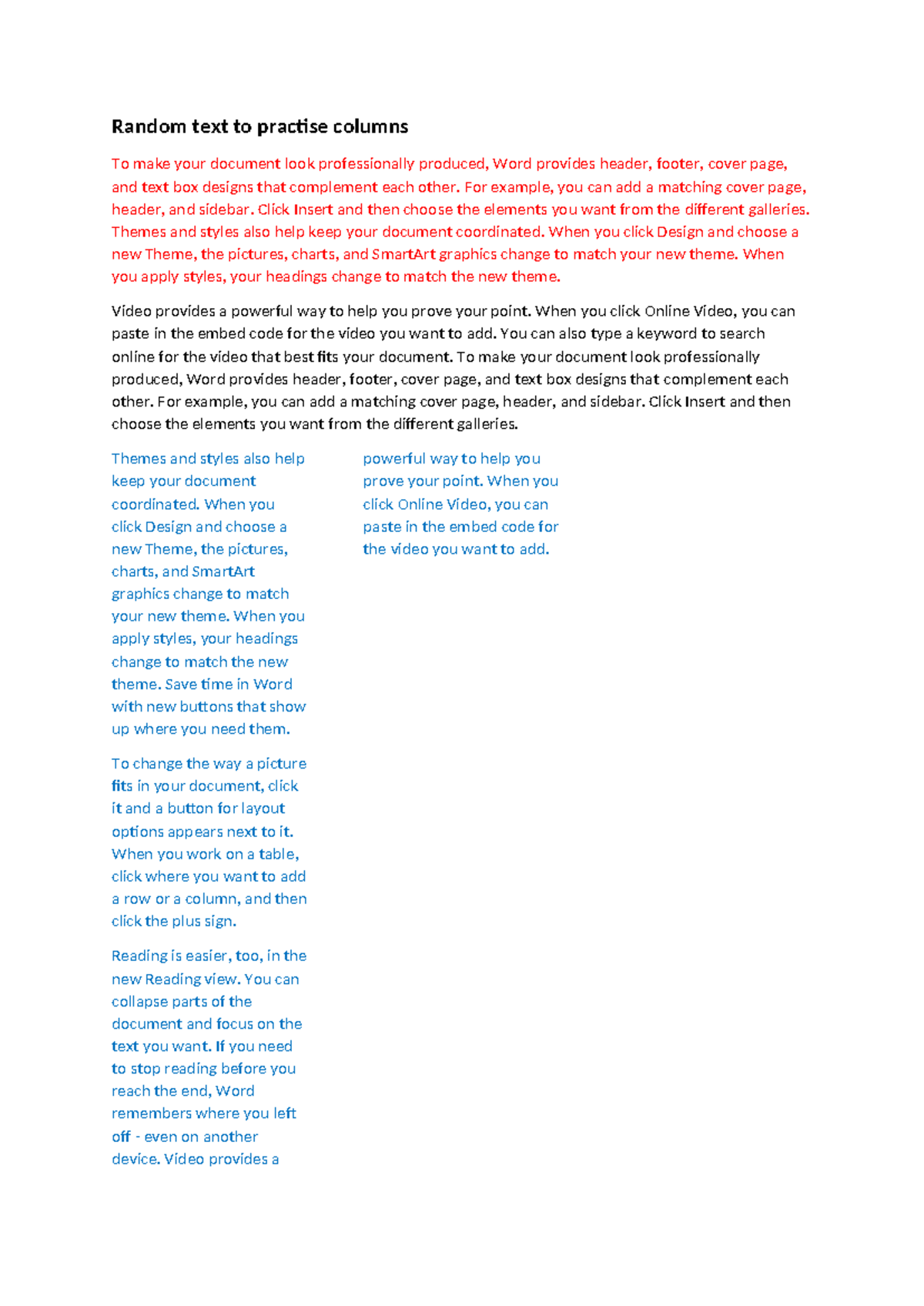 Columns 3 - Excel activites - Random text to practise columns To make ...