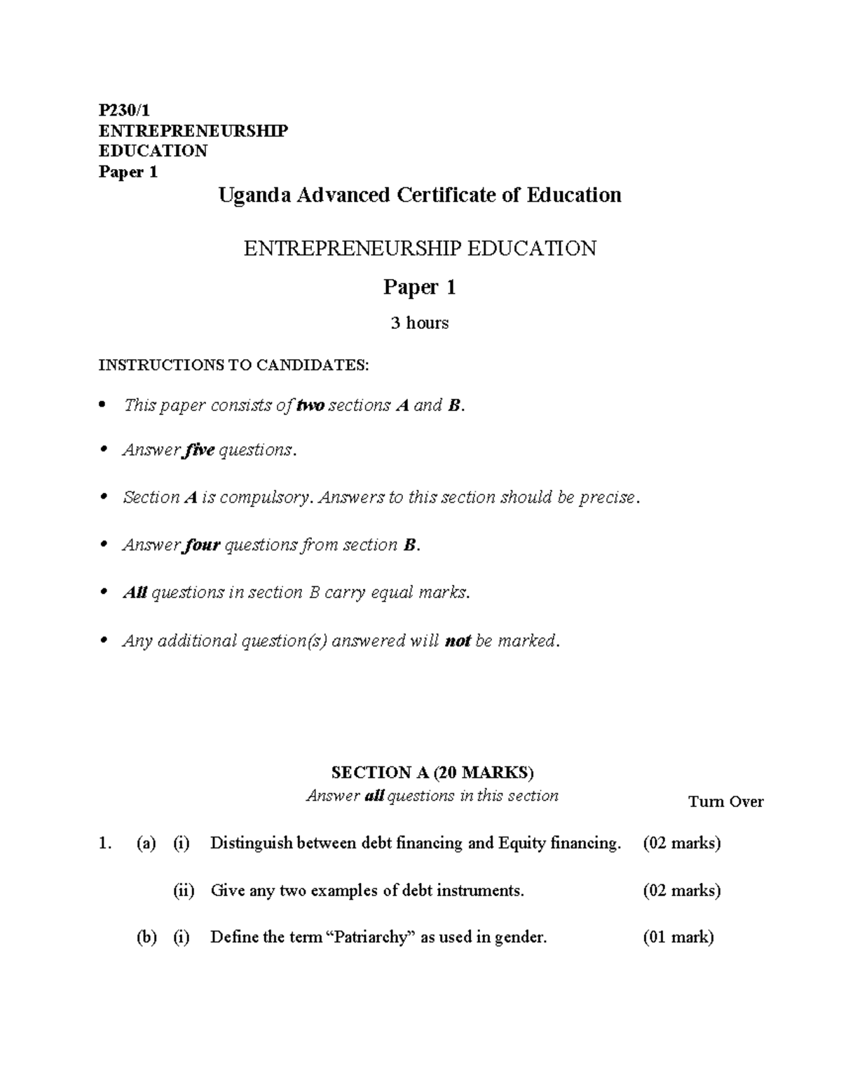 ENT 1 UACE Entrepreneurship Education Paper 1 Exam Guide Studocu