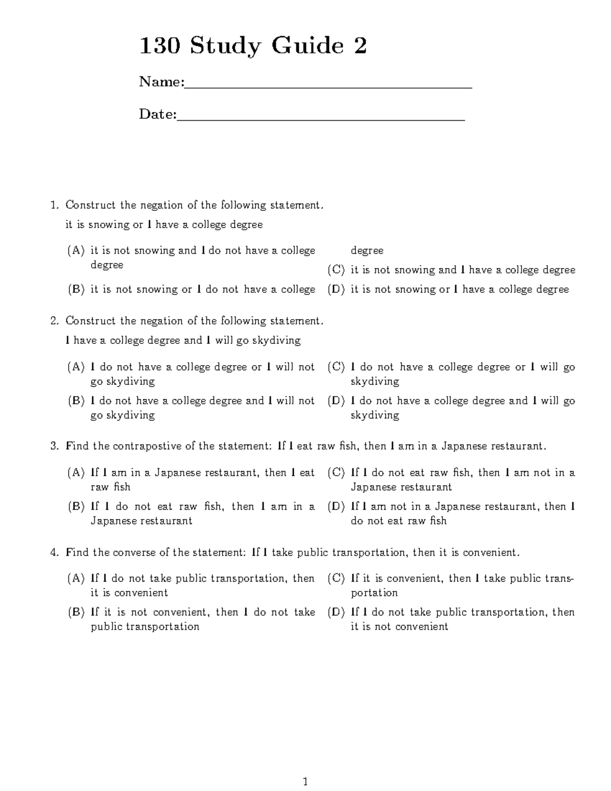 Midterm Study Guide - 130 Study Guide 2 Name: Date: Construct the ...