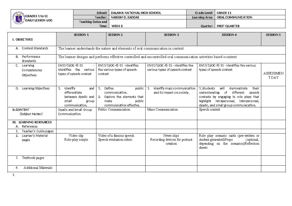 DLL - WEEK 6 - GRADE 11 ORAL COMMUNICATION FIRST QUARTER - Studocu
