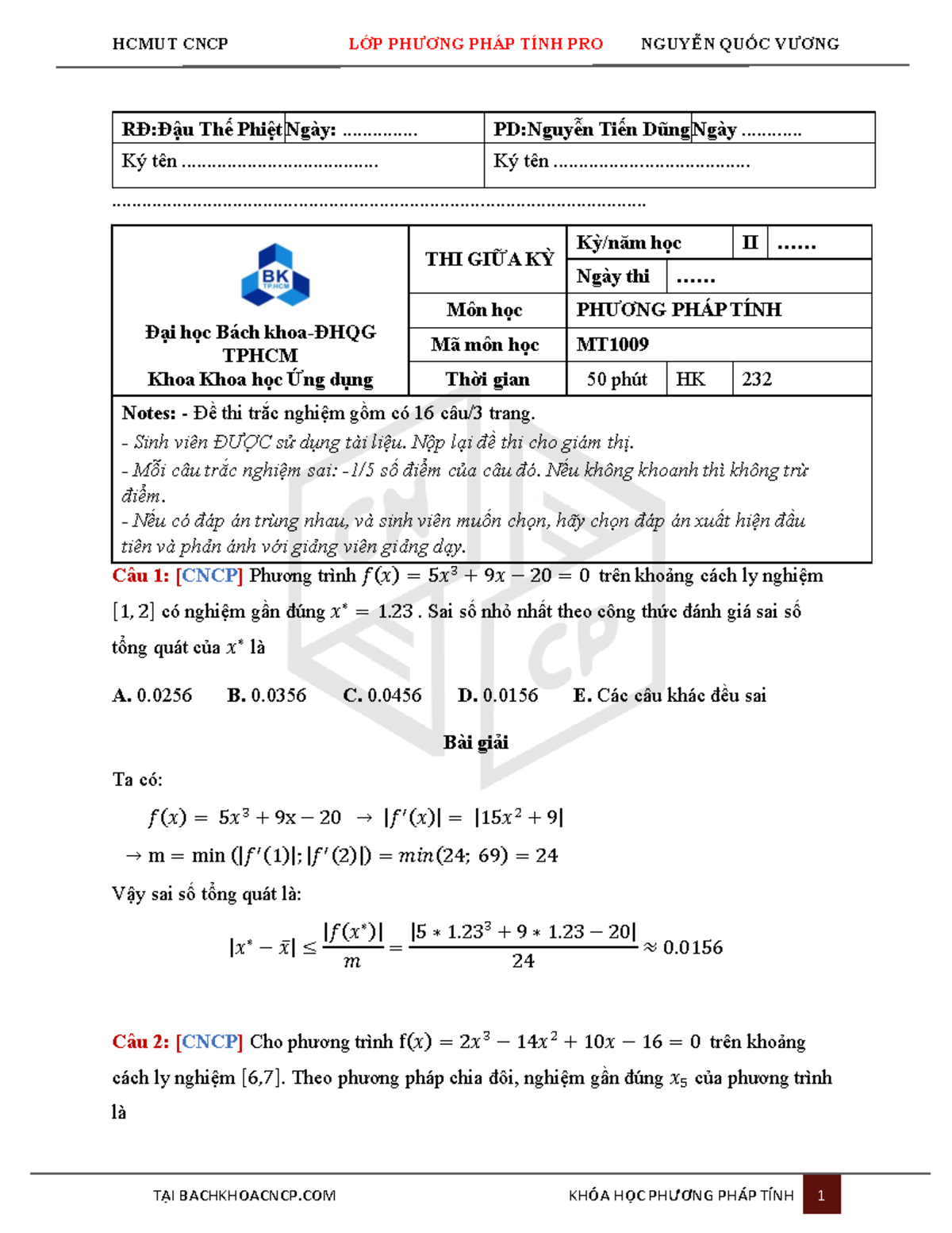Giải Đề Giữa Kỳ HK232 - Phương Pháp Tính Pro HCMUT CNCP - Studocu