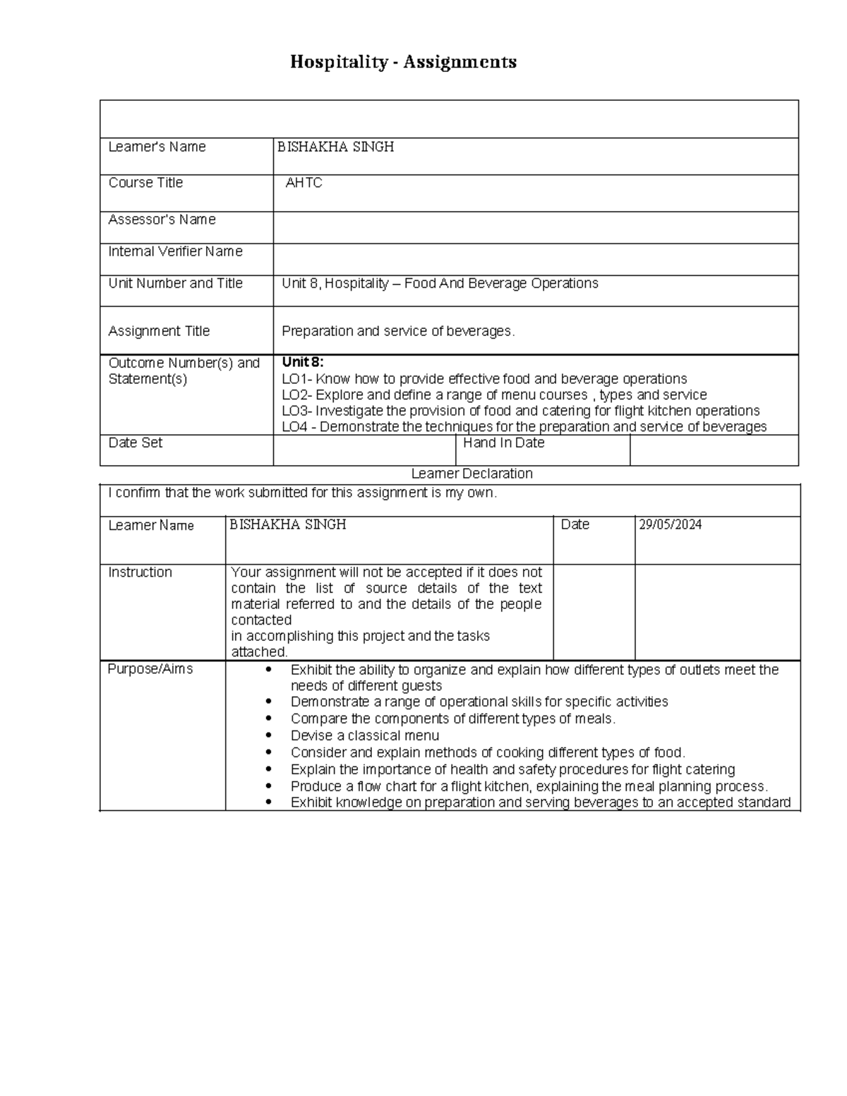 AHTC Unit 8 Assignment: Beverage Prep & Service Operations - Studocu