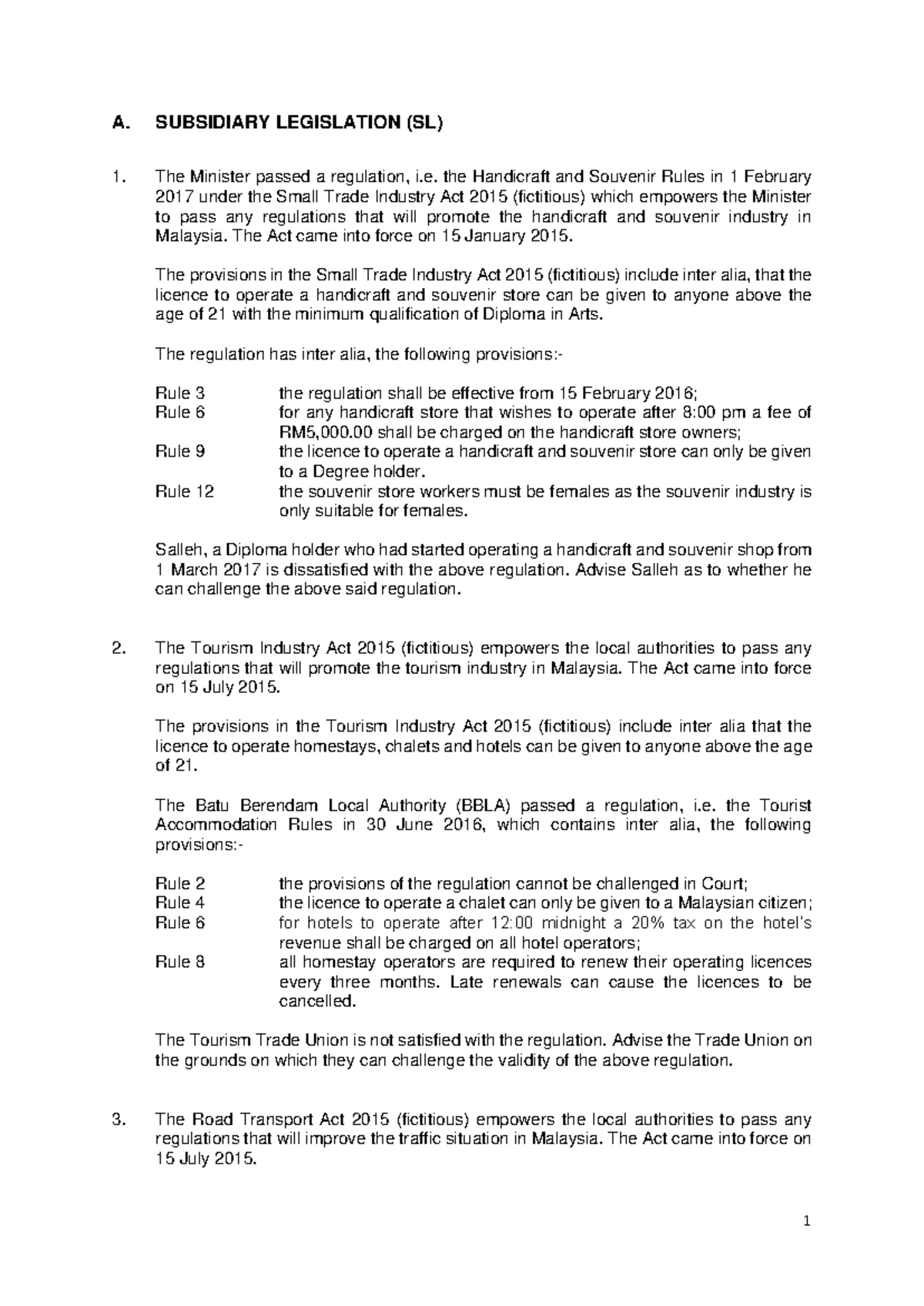 Admin LAW Tutorial Questions: Subsidiary Legislation (SL) & Natural ...