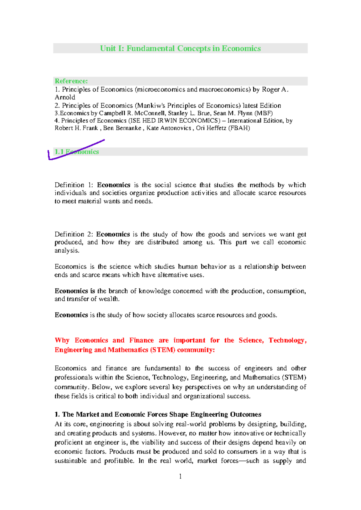 Lecture 1 Material - Unit I: Fundamental Concepts in Economics ...