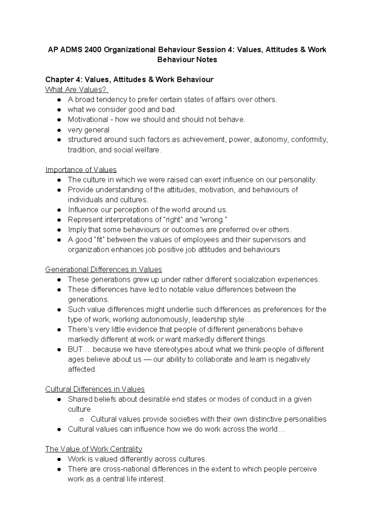 AP ADMS 2400 Organizational Behaviour Session 4: Values, Attitudes ...