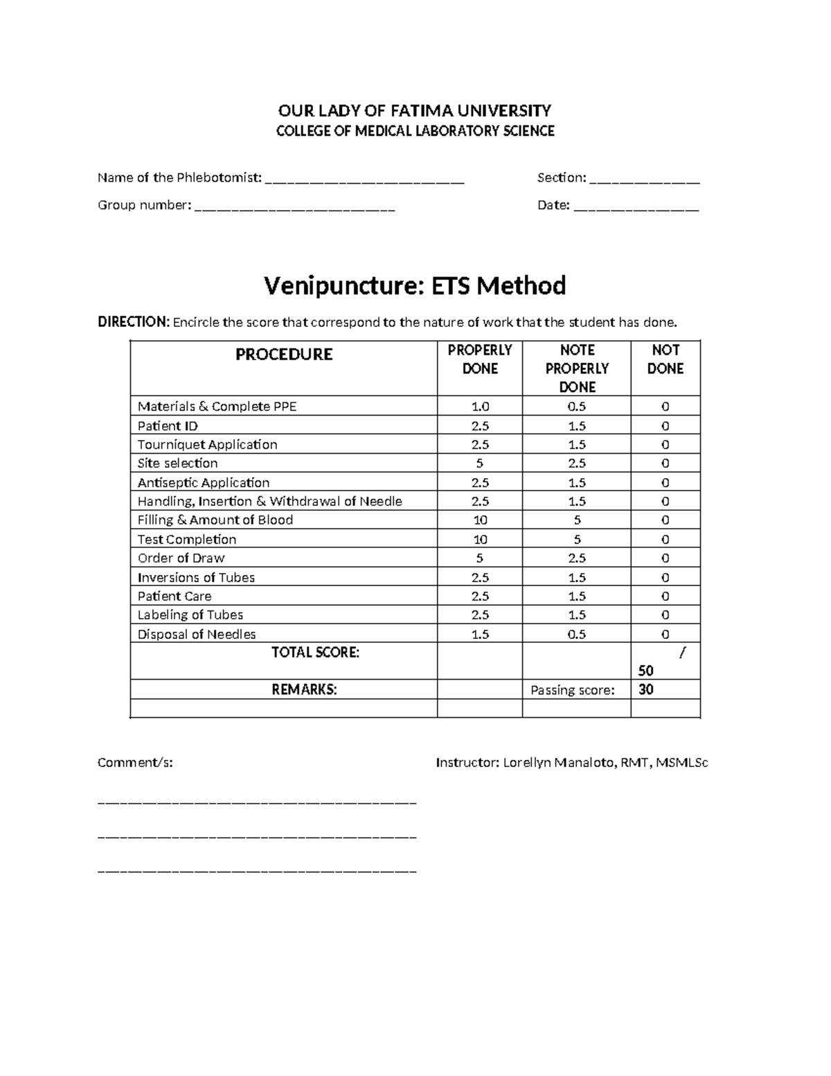 Rubrics for ETS Method in Phlebotomy - OLFU Medical Lab Science - Studocu