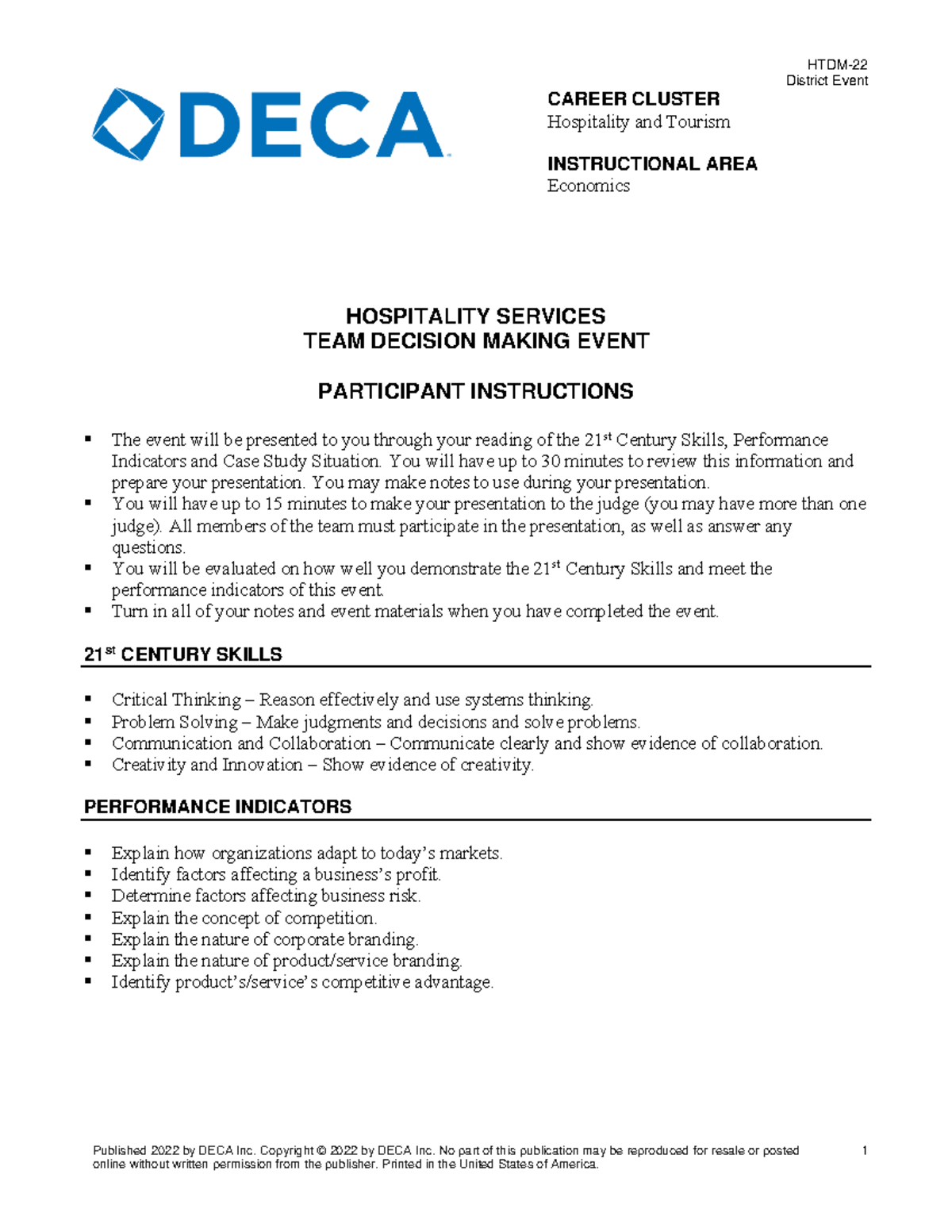 DECA HTDM 2022 District Event: Hospitality Services Team Decision ...