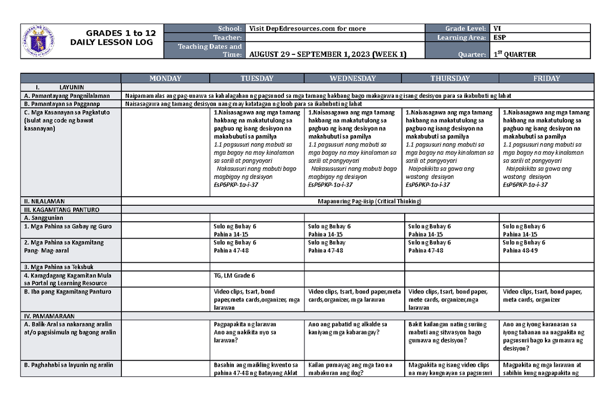 DLL ESP 6 Q1 W1 - Daily Lesson Log for Grade VI Education - Studocu