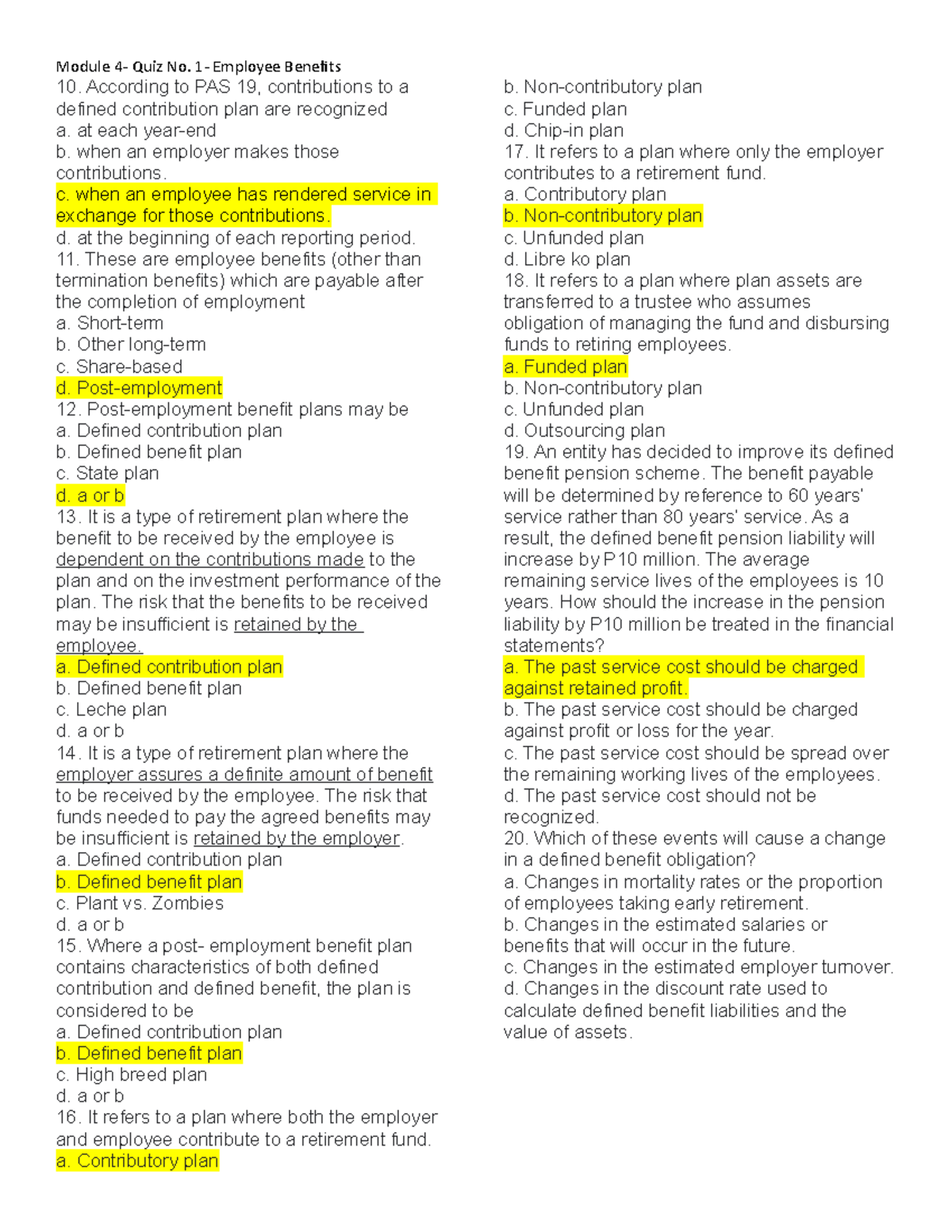 Quiz No. 1: Employee Benefits (Module 4) - Key Questions & Answers ...