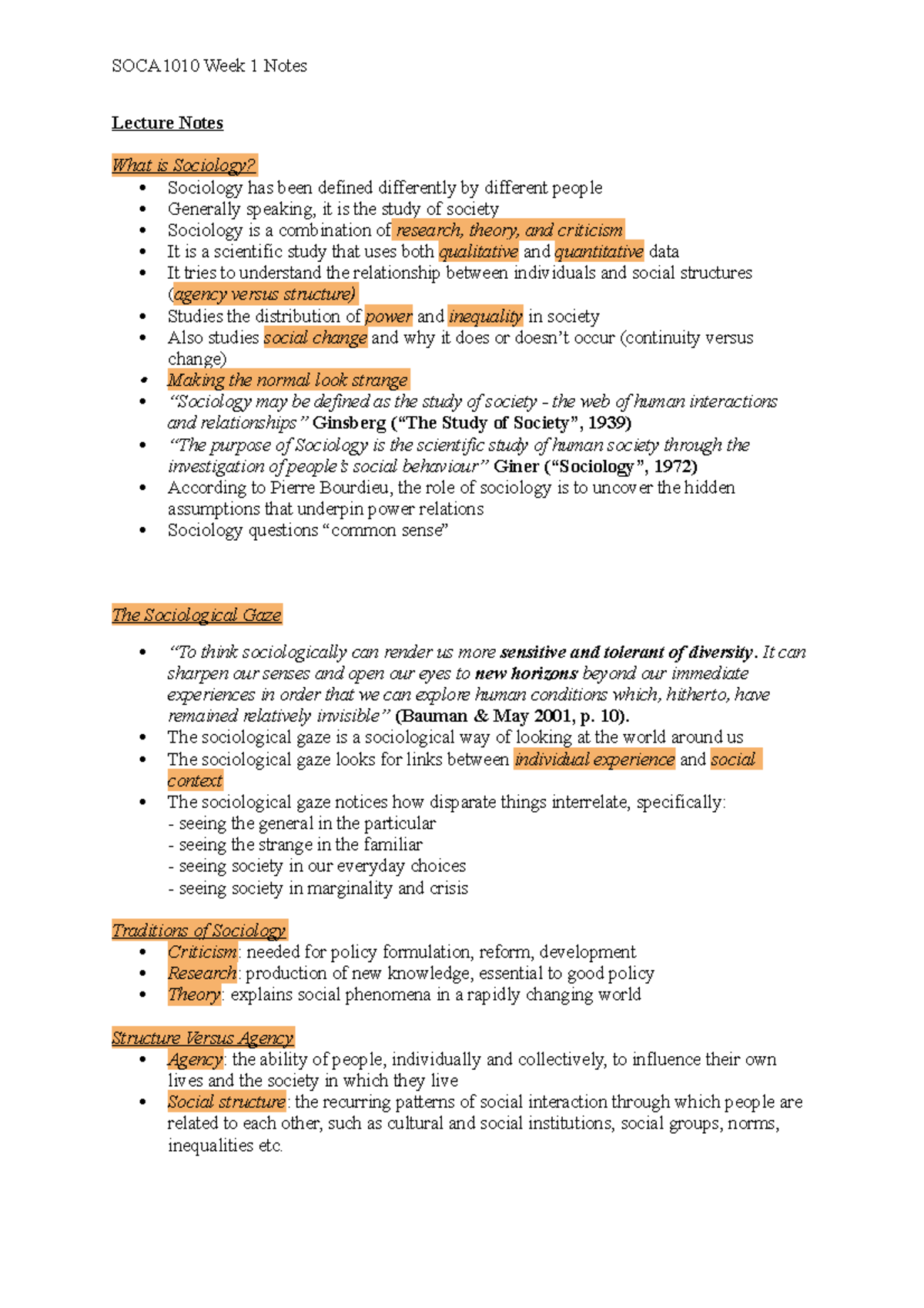 SOCA 1010 Week 1 Notes - Lecture Notes What is Sociology? Sociology has ...