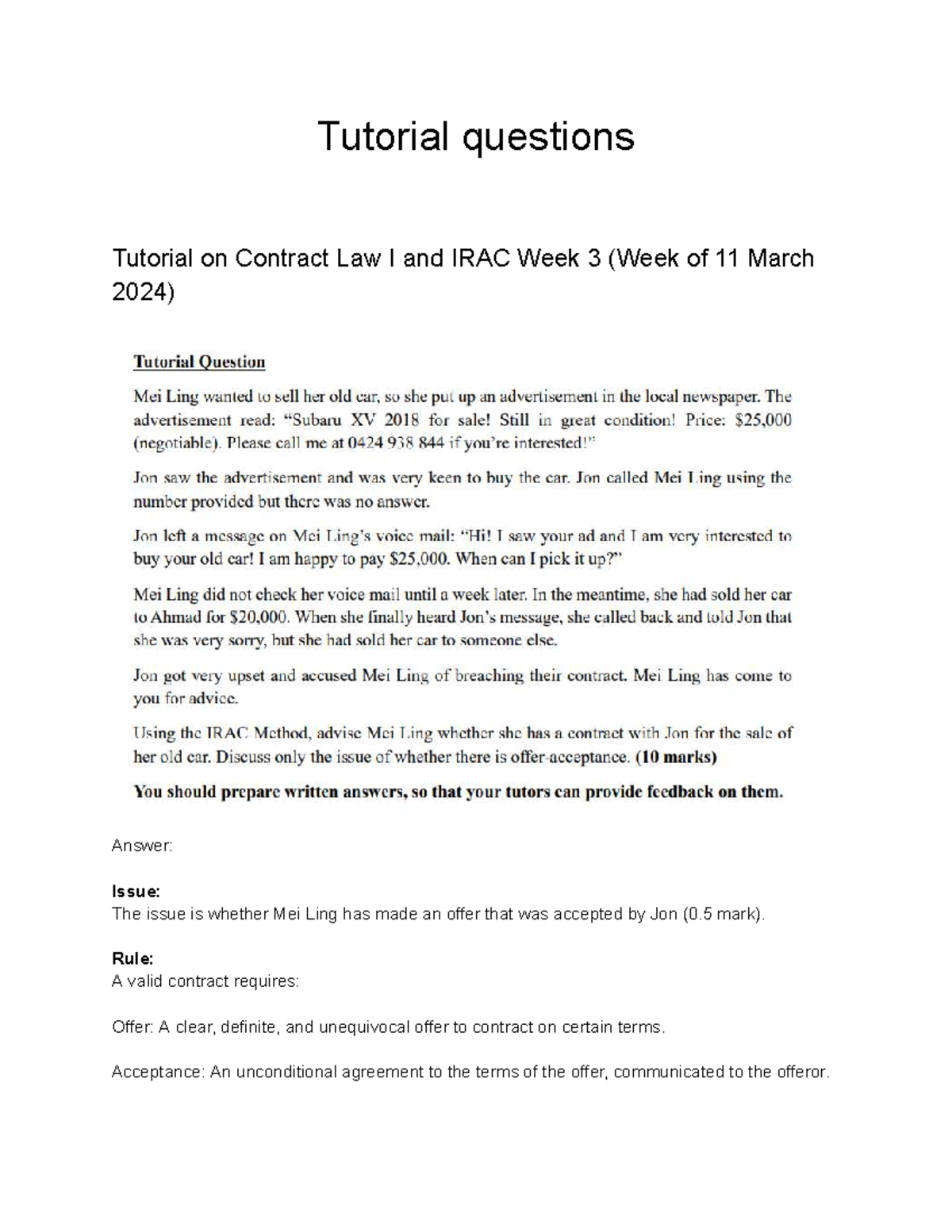 LAW 101 - Contract Law I Tutorial Questions & IRAC Analysis (Week 3 ...