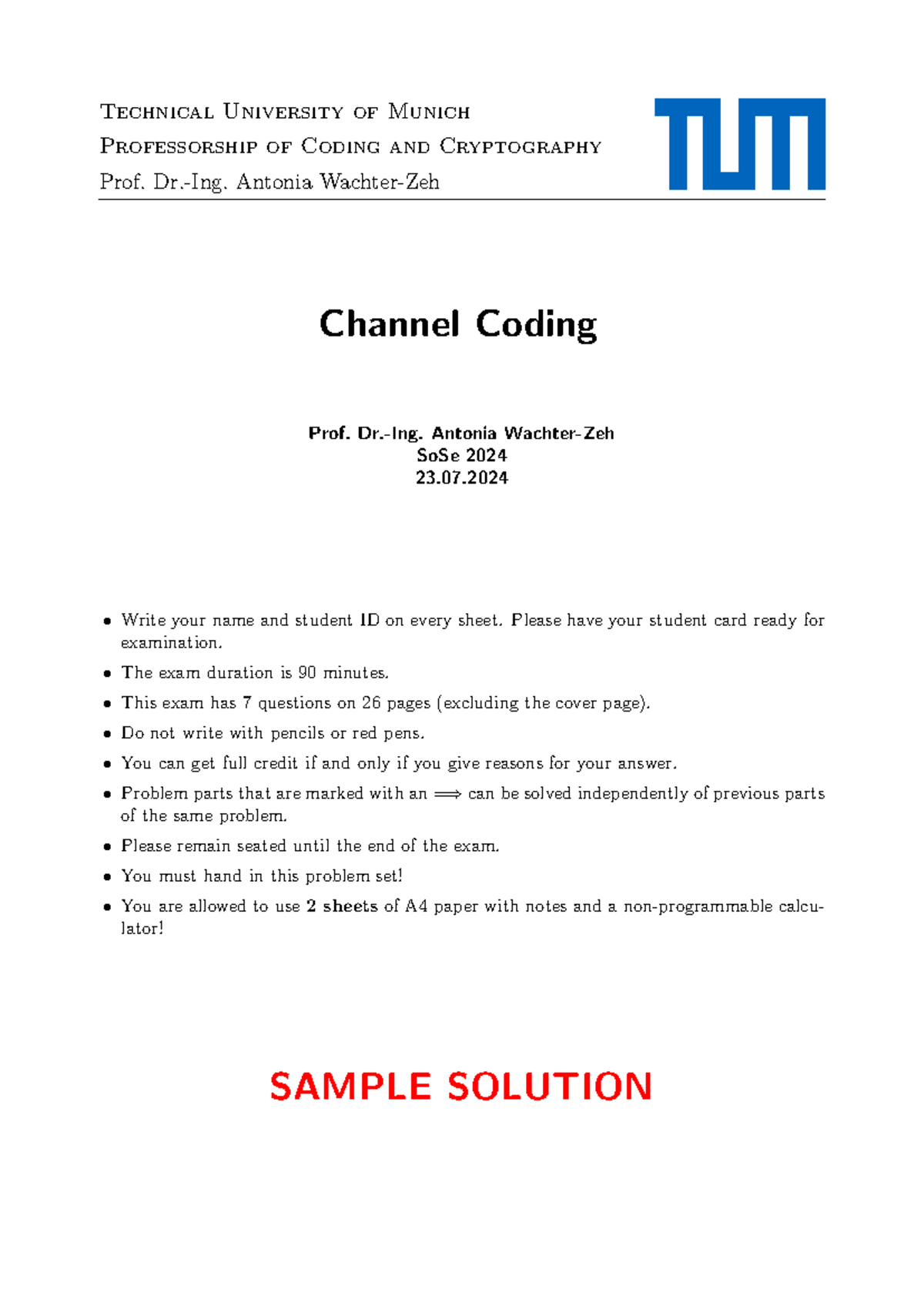 Final Exam Solutions for Coding and Cryptography (SoSe 2024) - Studocu