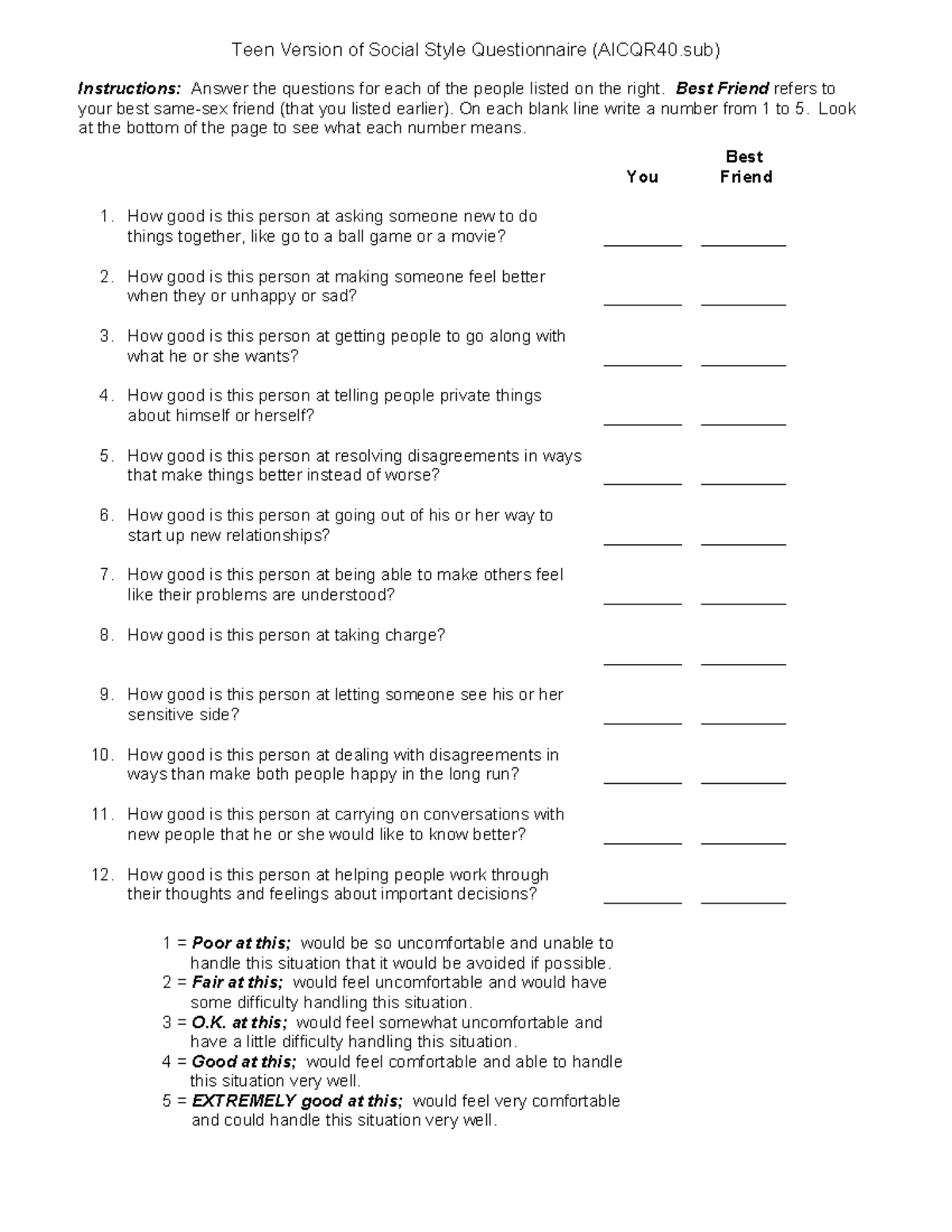 Teen Version of Social Style Questionnaire (AICQR40.sub) Instructions ...