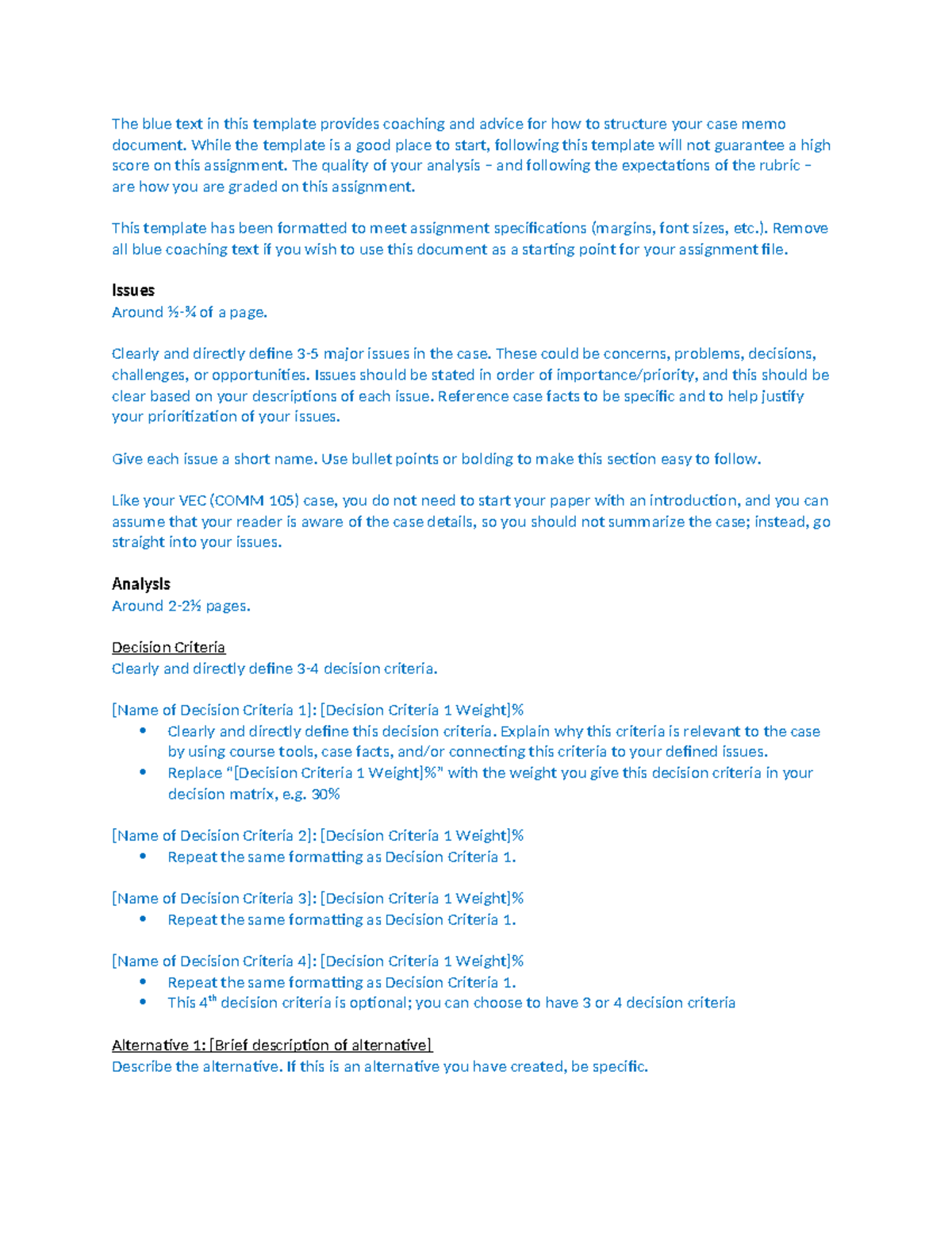 COMM 101 - Case Memo Template - The blue text in this template provides ...