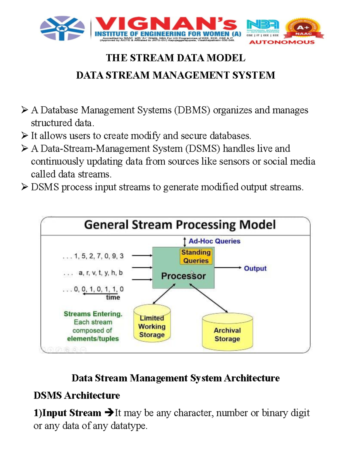Stream Data Model Overview in DSMS Architecture - Studocu