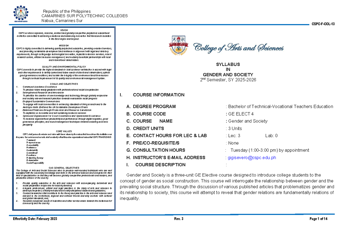 Gender and Society Syllabus (GE ELECT 4) - BTVTEd 2nd Sem - Studocu
