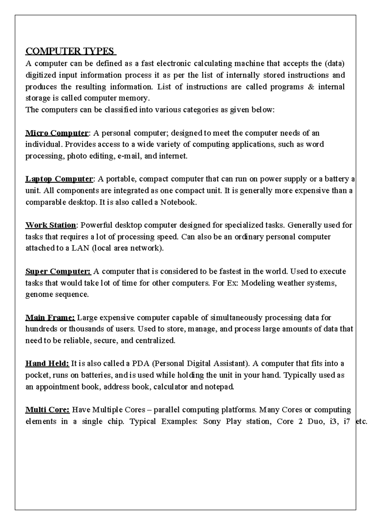 Computer Types - module 1 - COMPUTER TYPES A computer can be defined as ...