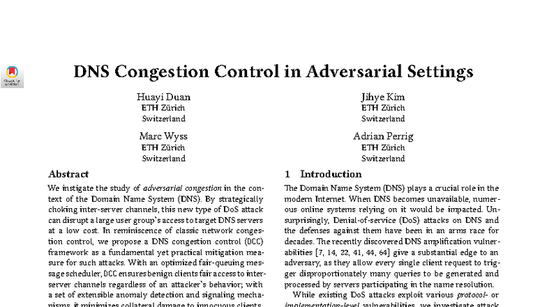 DNS Congestion Control (DCC) Framework: Lecture Notes on Adversarial ...