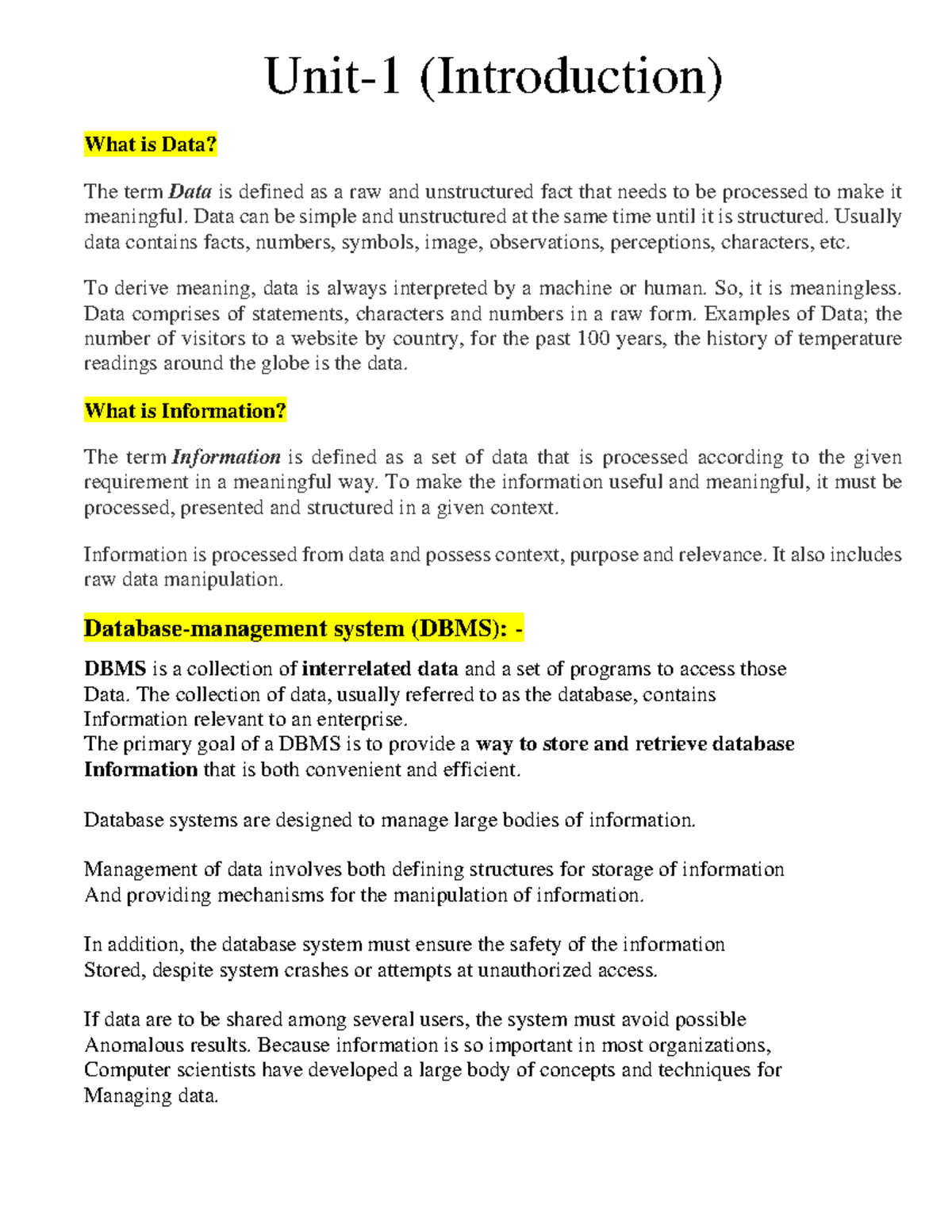 Unit-1: Introduction to Data and Database Management Systems (DBMS ...