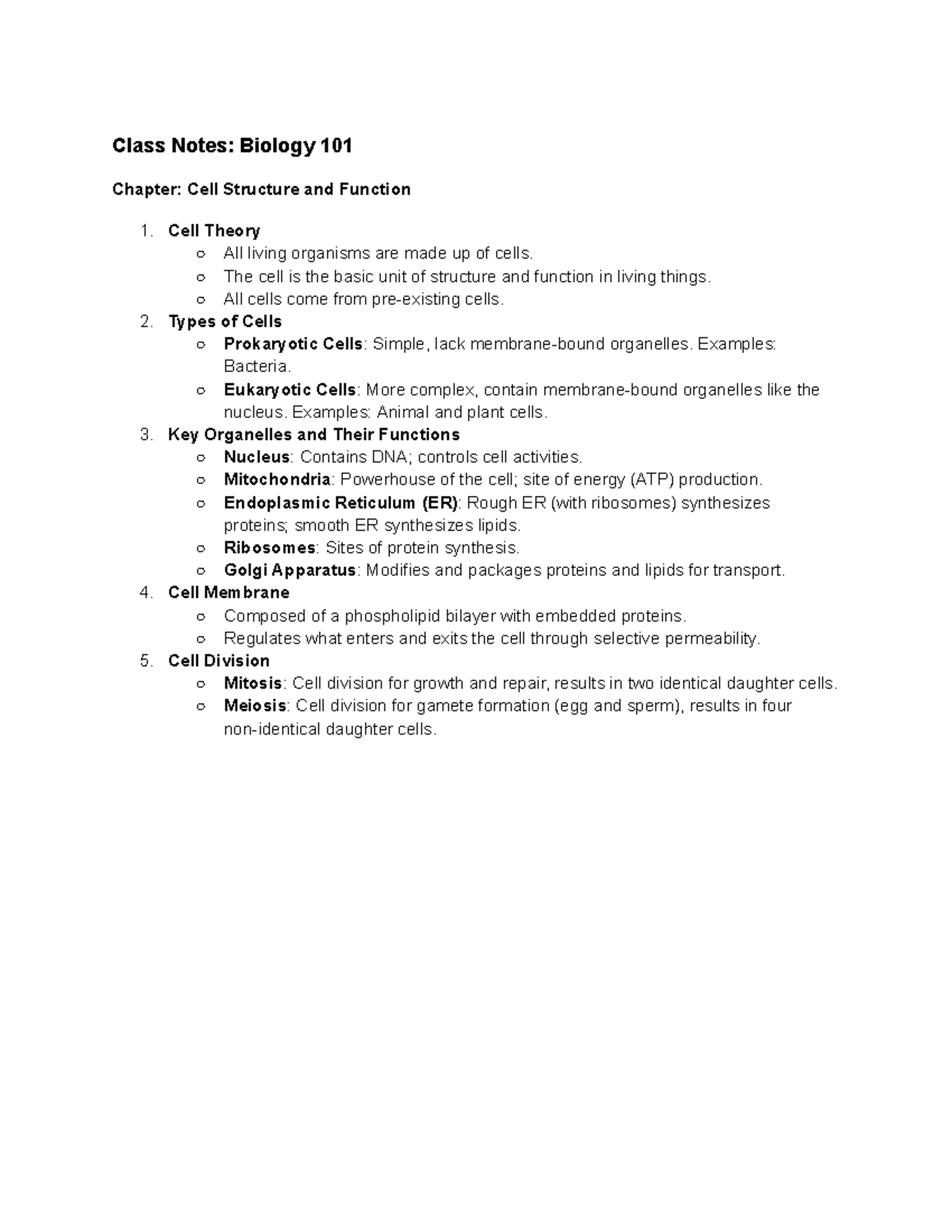 class notes from - Class Notes: Biology 101 Chapter: Cell Structure and ...