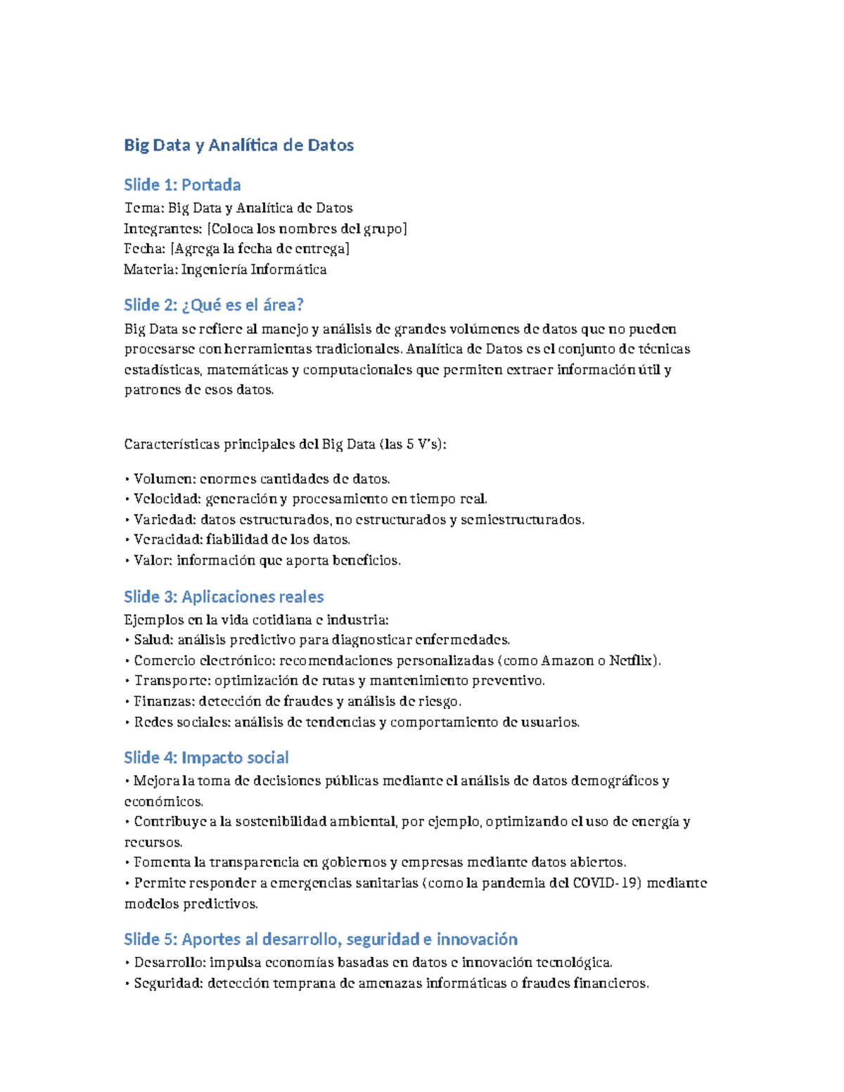 Ingeniería Informática: Big Data y Analítica de Datos - Resumen y ...