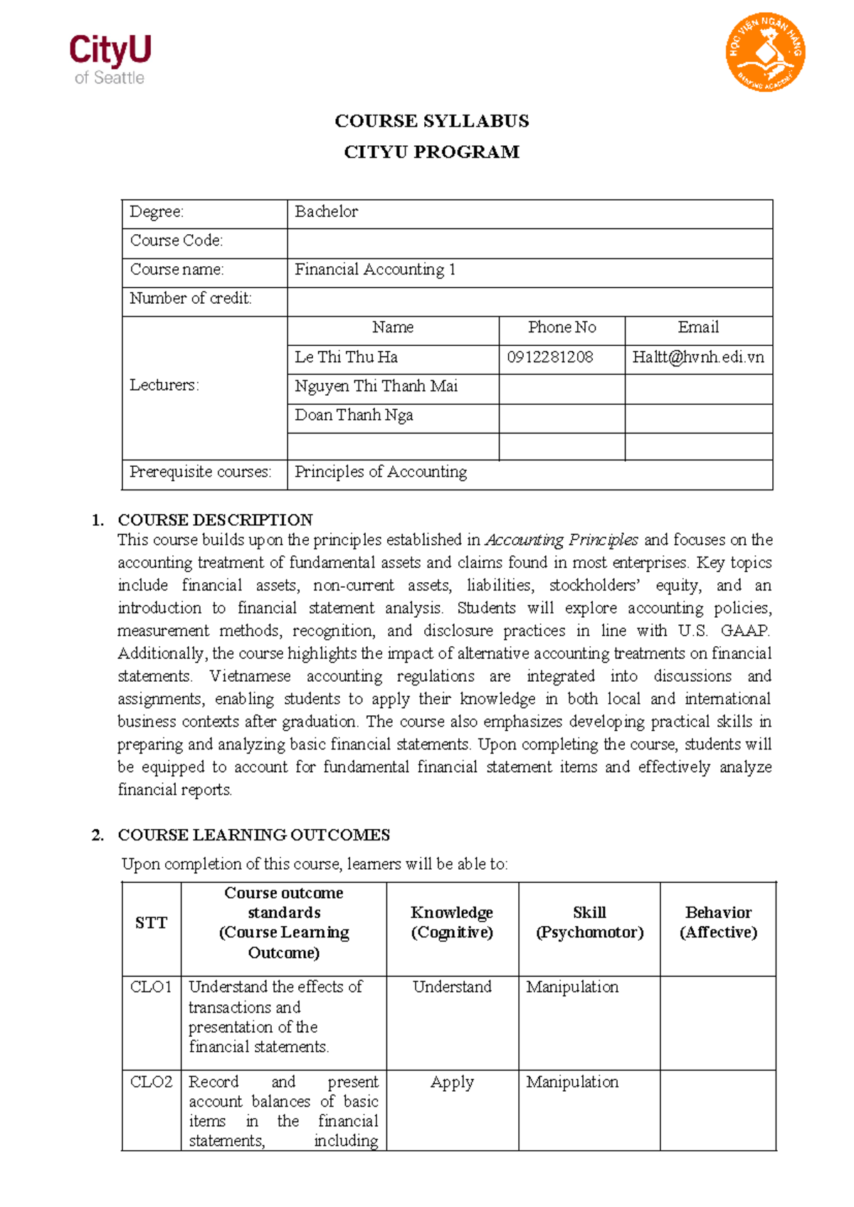 Syllabus for Financial Accounting 1 (ACCT101) - 2025 Edition - Studocu