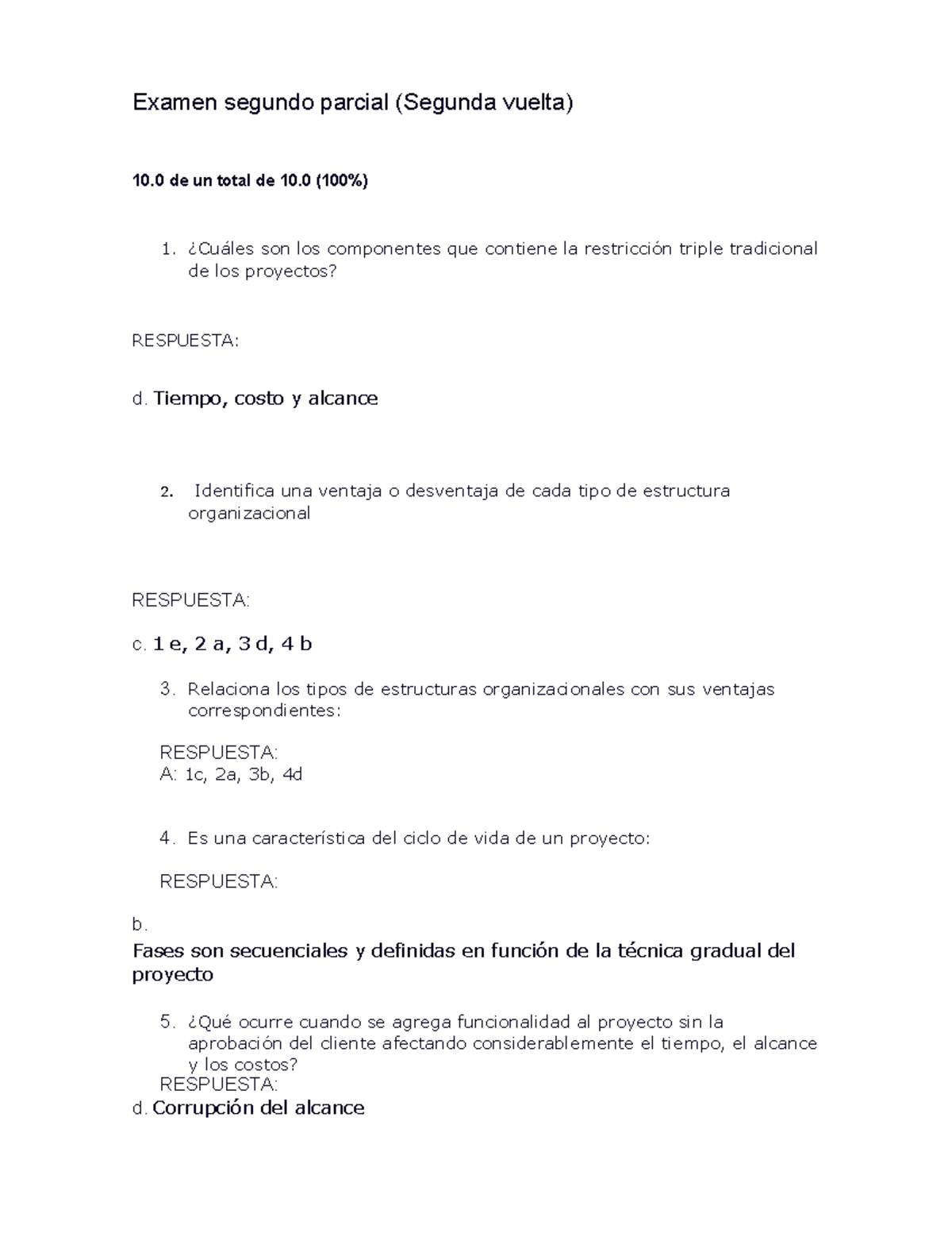 Examen segundo parcial de Procesos en la administración de proyectos ...