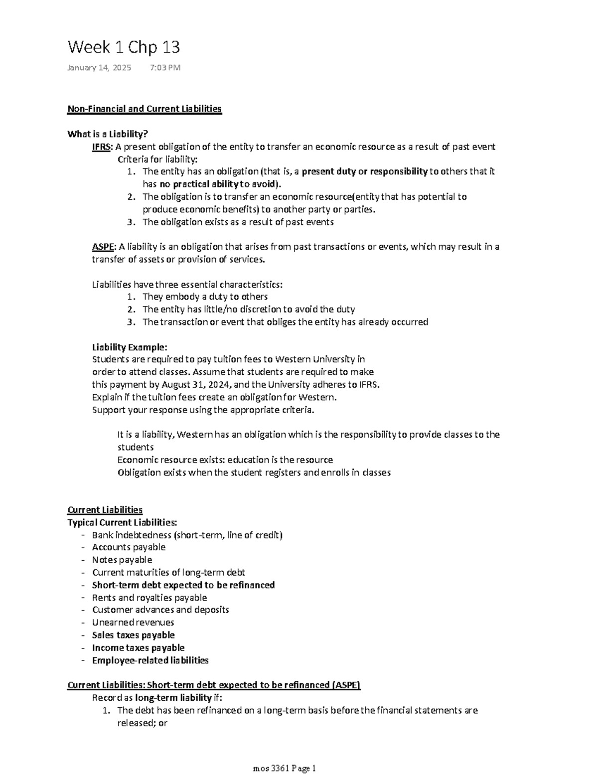 3361 Week 1 Lecture Notes: Current Liabilities Overview - Studocu