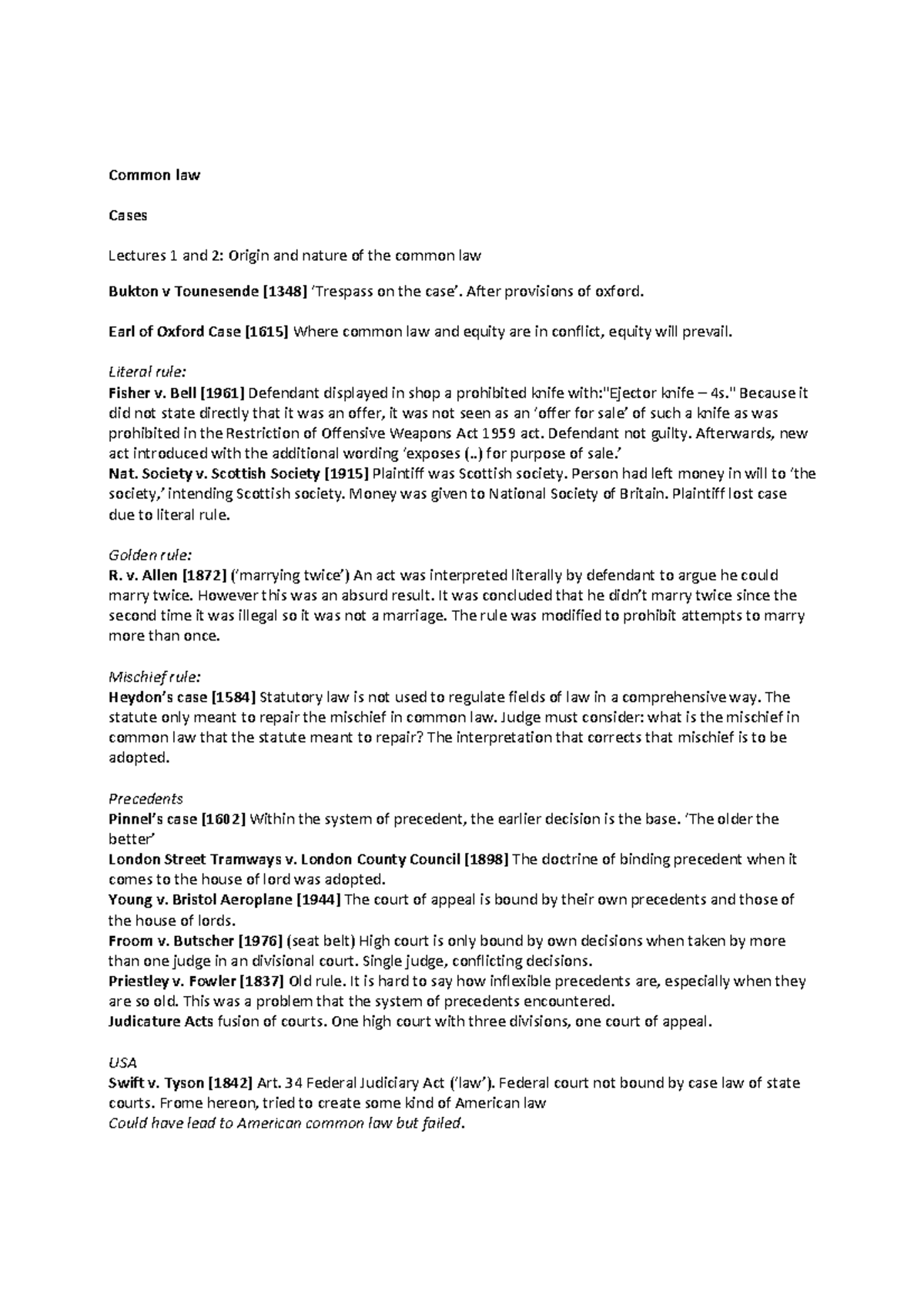 Lecture Notes on Common Law Cases & Principles (LAW101) - Studeersnel