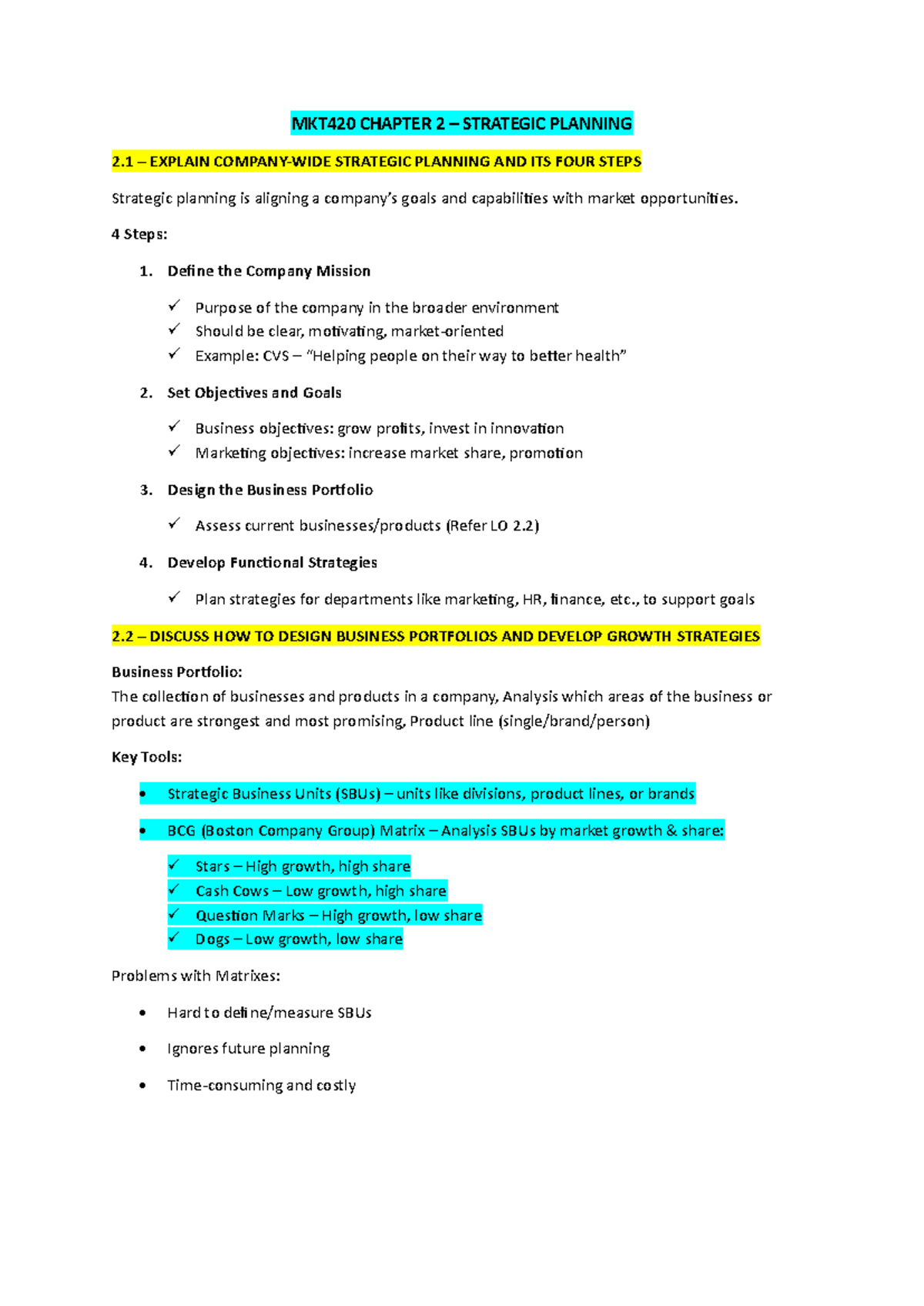 MKT420 CHAPTER 2 - STRATEGIC PLANNING AND BUSINESS PORTFOLIOS - Studocu