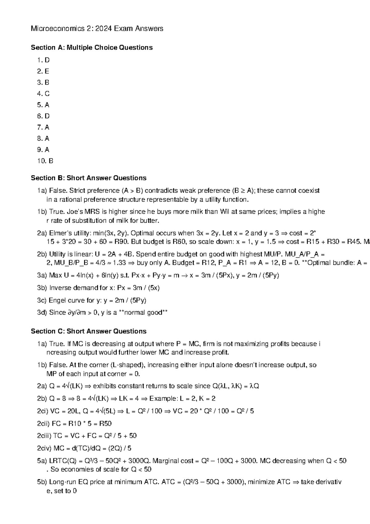 Microeconomics 2: 2024 Exam Answers & Solutions - Studocu