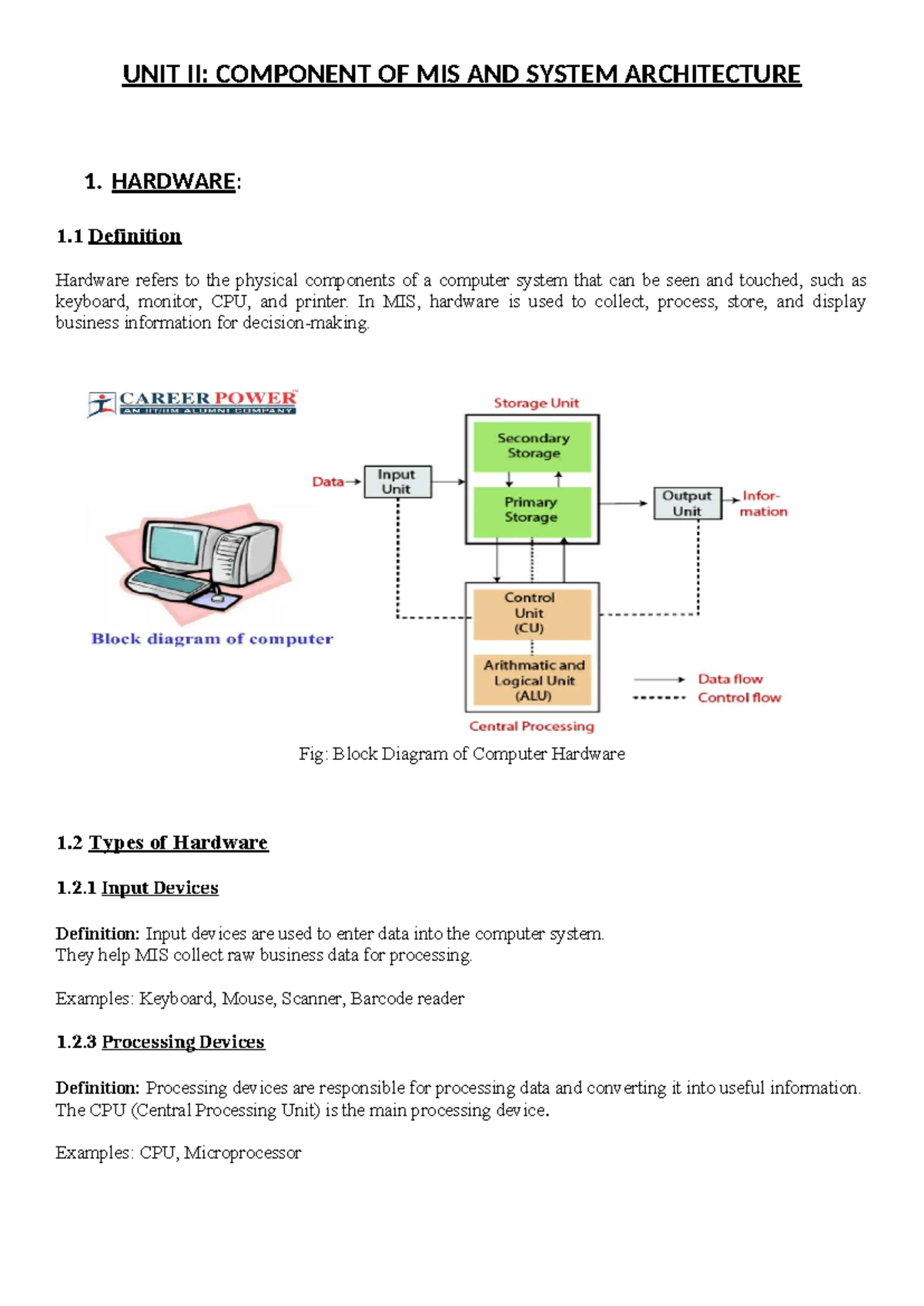 MBA UNIT II: Components of MIS and System Architecture Notes - Studocu